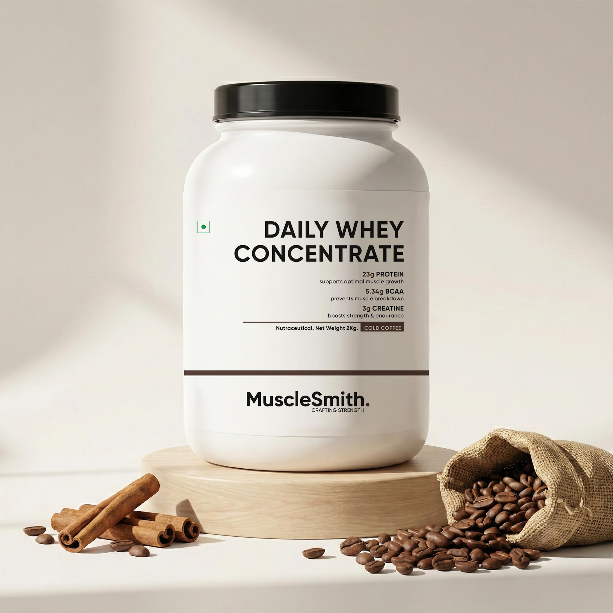 [BRSRGGI5CEJR4HQ3] MuscleSmith Whey Protein Concentrate | 23g Protein, 3g Creatine, Digestive Enzymes | Supports Strength & Lean Muscle | No Added Sugar | Cold Coffee Flavour | 2kg (54 Servings)