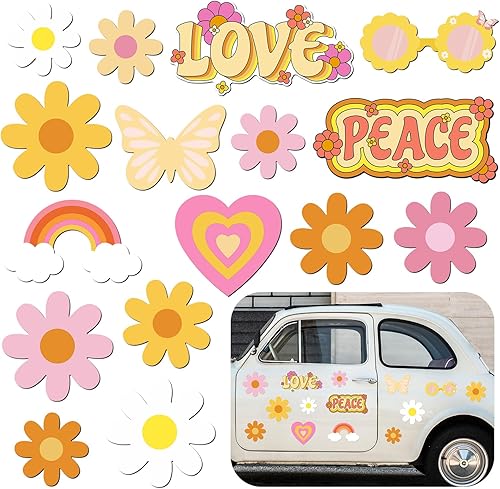 Weewooday 16 calcomanías magnéticas de margaritas Groovy para automóvil, diseño de margaritas bohemias de los años 70, diseño hippie, retro, diseño