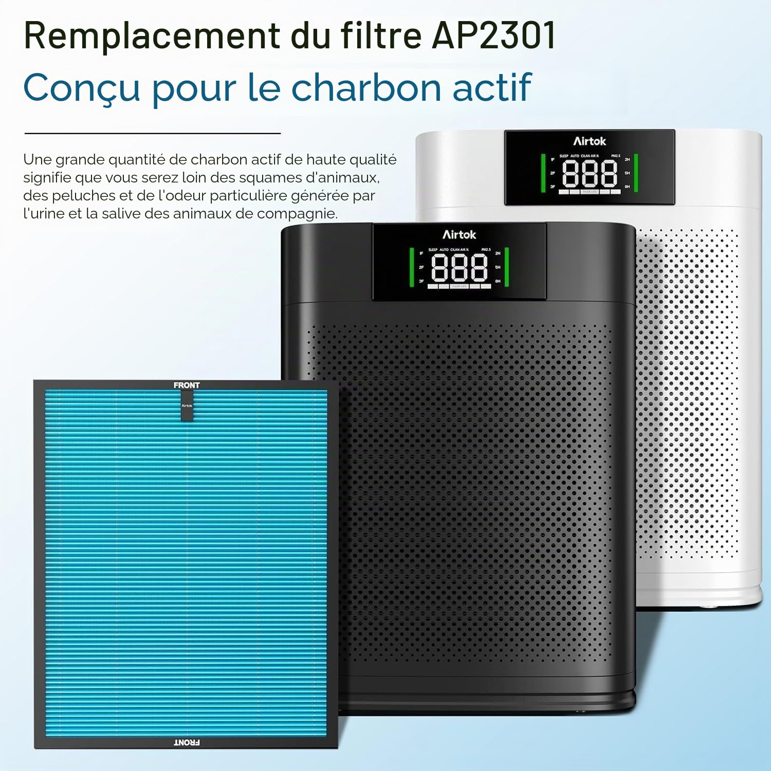 Filtre de remplacement HEPA Convient au purificateur d'air AP2301, Charbon actif à haute efficacité, Élimine le pollen, la poussière, les poils d'animaux et autres allergènes