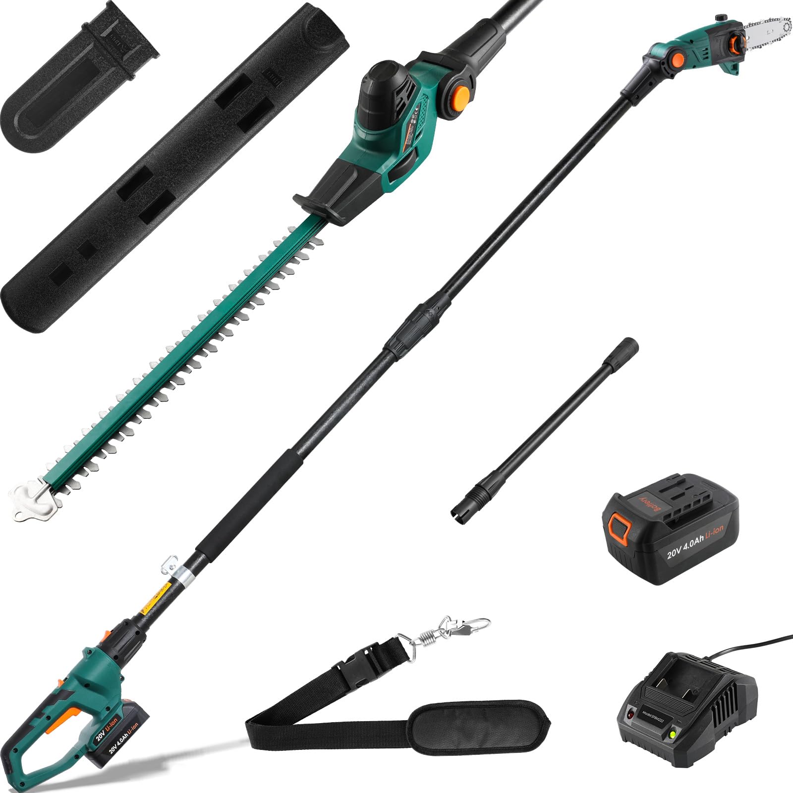 Cortasetos y podadora telescópica inalámbrica 2 en 1, herramienta multijardín inalámbrica, con batería/cargador de iones de litio de 20 V y 4,0 Ah, mango principal giratorio, ángulo de corte ajustable