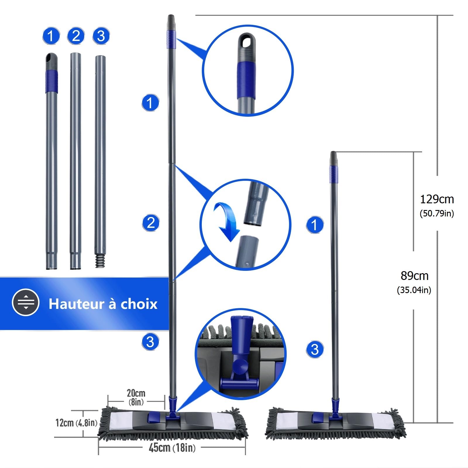 MASTERTOP Fregona Largo de Microfibra Giratoria 360° Mopa Plana de Chenille para Limpieza de Suelo Seco y Húmedo con 4 Cabezales Trapeador Grande con Palo Acero Inoxidable para Hogar y Cocina