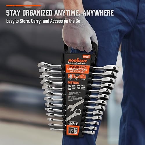 Miniatura 8 de HORUSDY Juego de llaves de trinquete resistentes de 13 piezas  Tamaños métricos de 6 a 0.748 in  Juego de llaves combinadas de trinquete de par