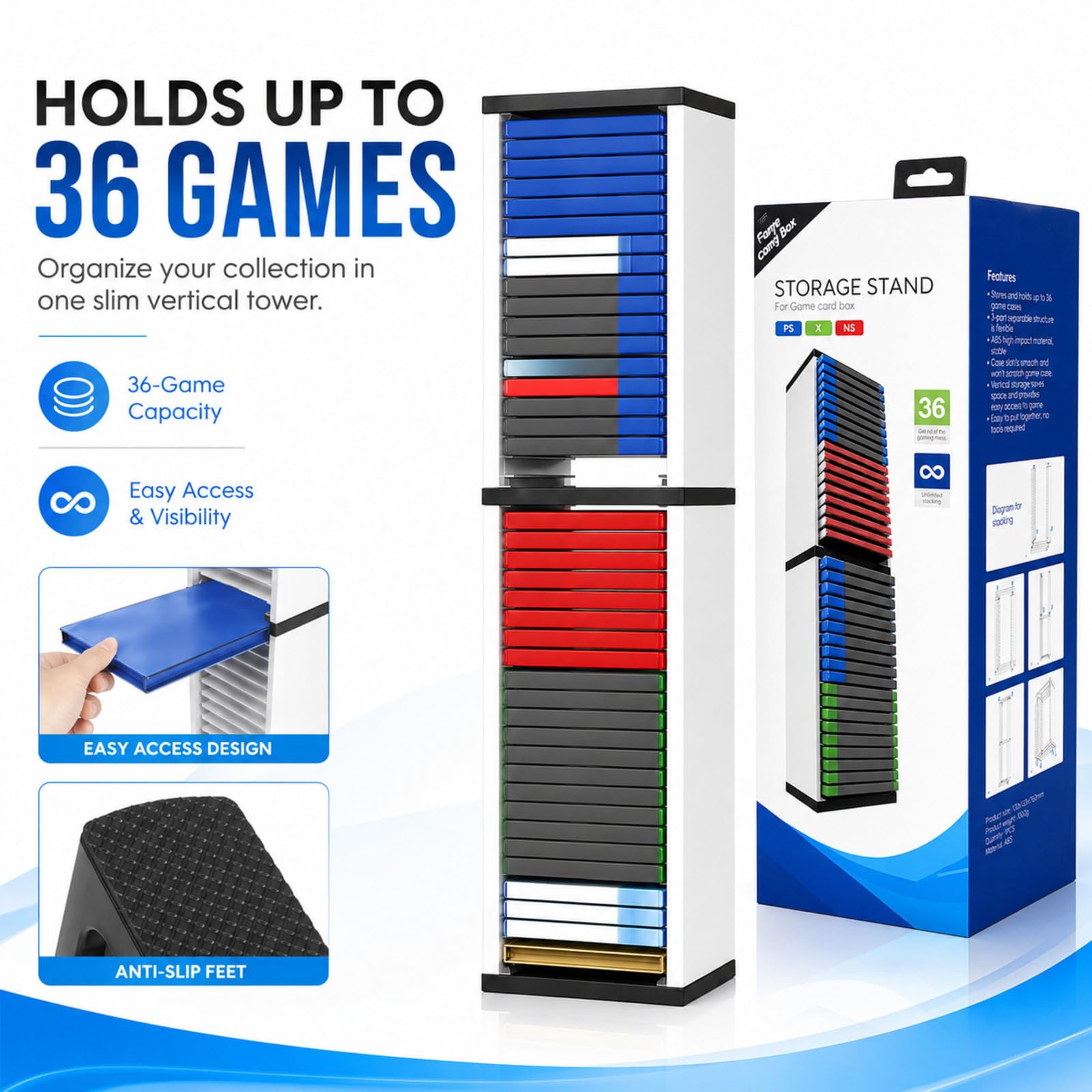 Soporte de torre de almacenamiento universal para videojuegos, capacidad para 36 juegos, organizador multifuncional para PS5, PS4, Xbox Series X/S, estuches de juegos Switch, DVD y discos