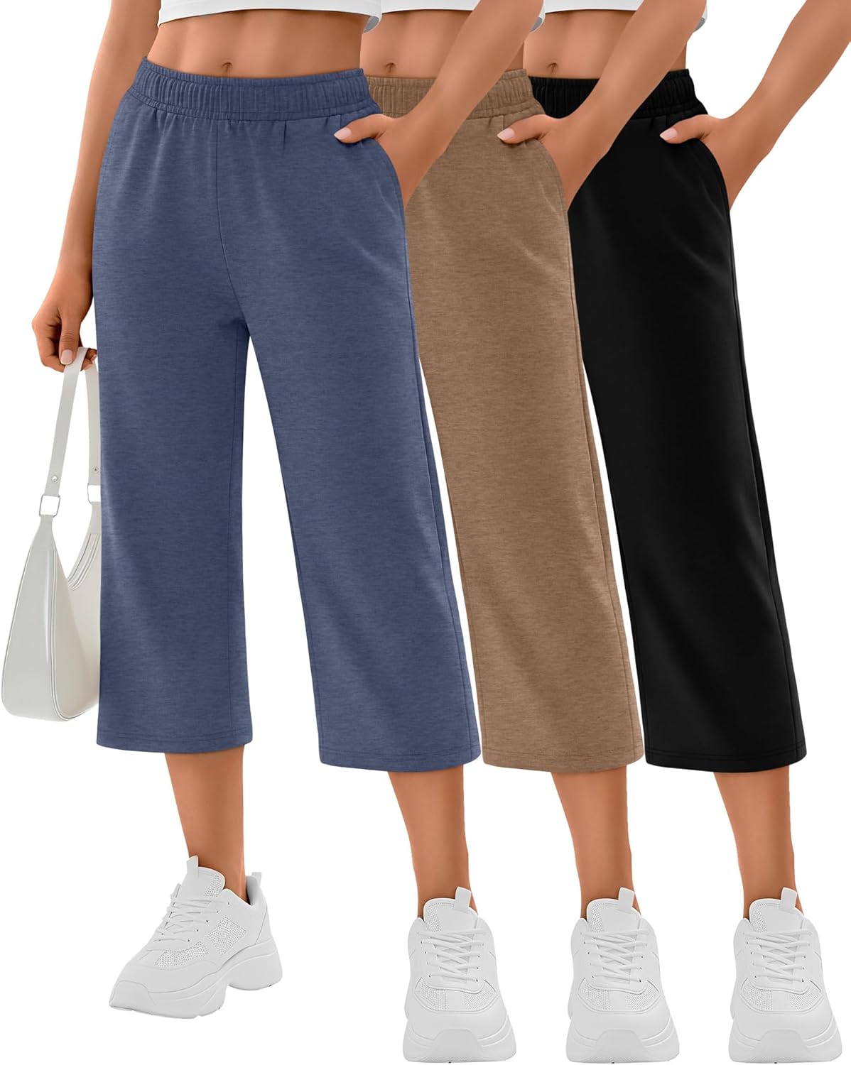 3 Pack Women's Capri Pants Wide Leg Yoga Sweatpants Casual Loose Summer Lounge Workout Cropped Jogger with Pockets