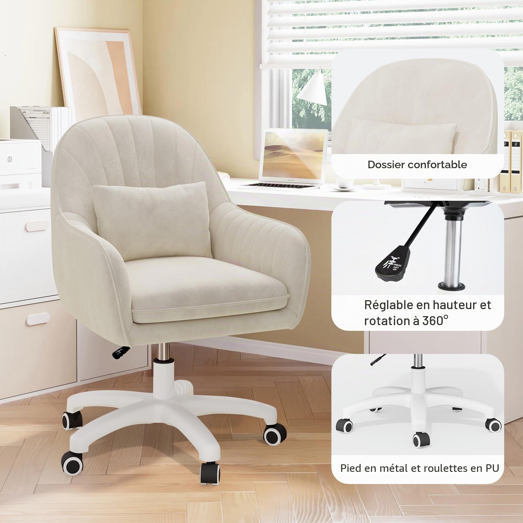 Homeoffice Chaise en Velours avec Oreiller, pivotante à 360 °, Hauteur réglable, Ergonomique, Chaise de Maquillage, pour Bureau, Chambre à Coucher, Charge maximale 200 kg, Beige