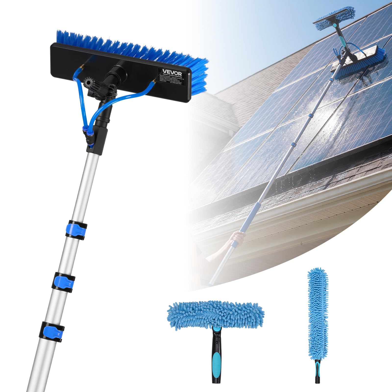 VEVOR Solar Panel Cleaning Kit, 20 ft, Water Fed Pole Kit with Cleaning Brush, Soap Dispenser, Extendable Aluminum Telescopic Pole, 180° Rotatable Brush Head, for Roof Mounted Solar Panels, Windows-image-42