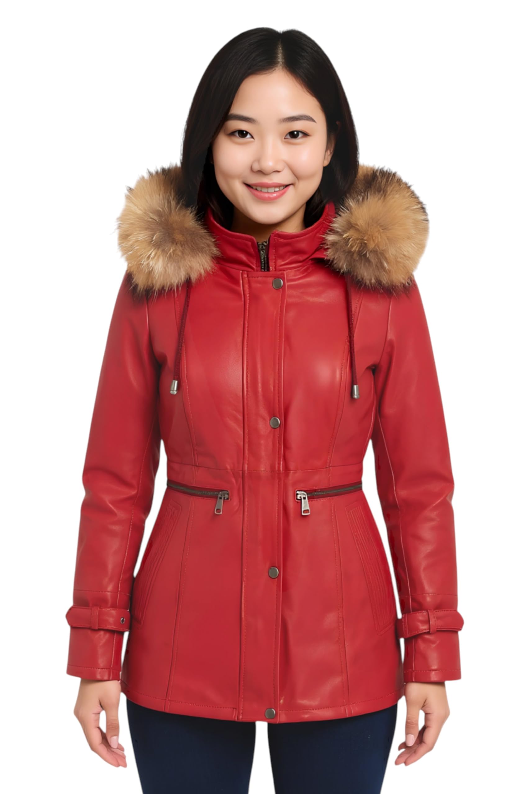 Infinity Leather Women's Red Leather Hooded Parka Jacket-Putian In Size 22