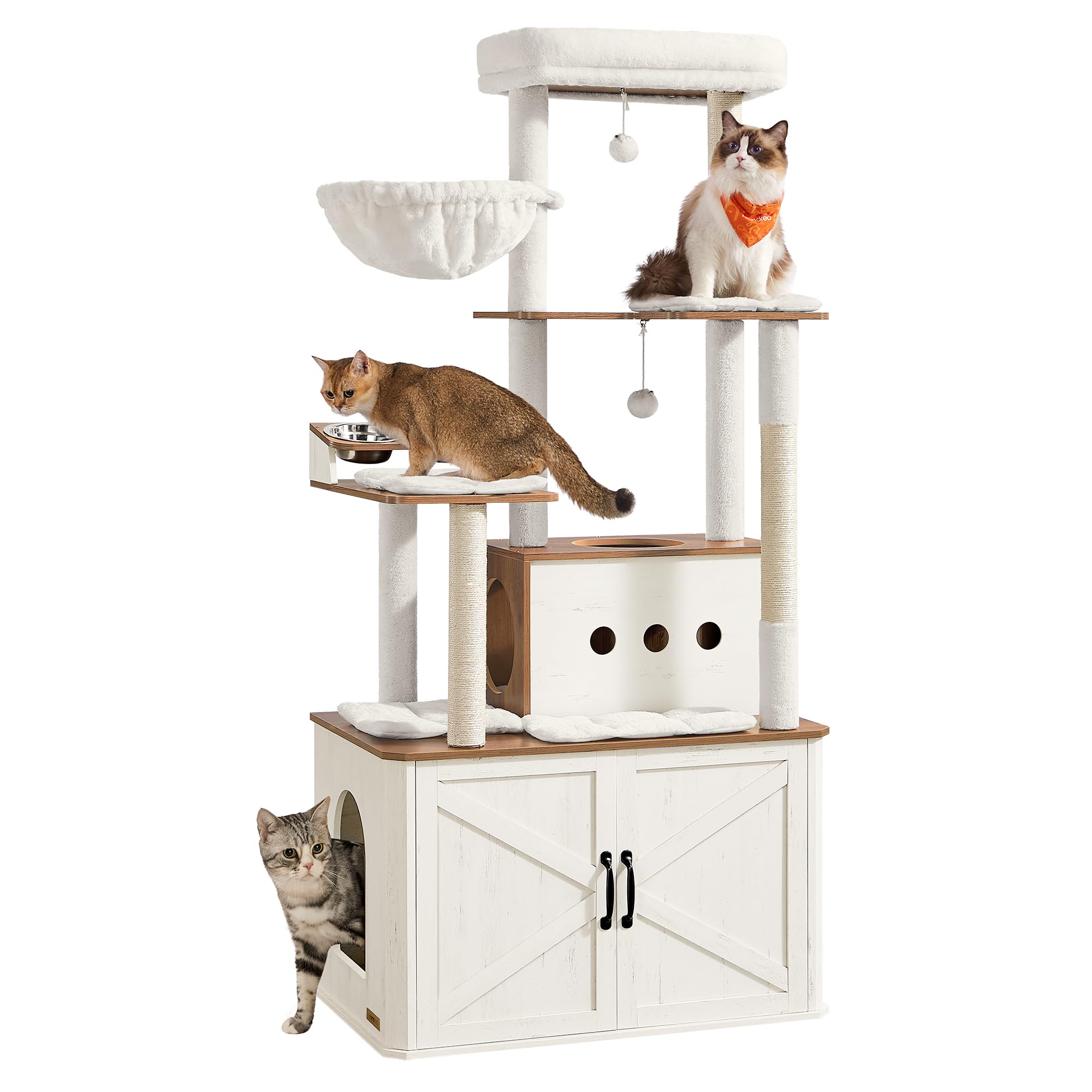 Feandrea Arbre à Chat de 170 cm, avec Cache-Litière, Niche, Station d’Alimentation, Rangement, Poteaux à Griffer, Hamac, Coussins Lavables, Marron Miel et Blanc Rustique PCT169W201
