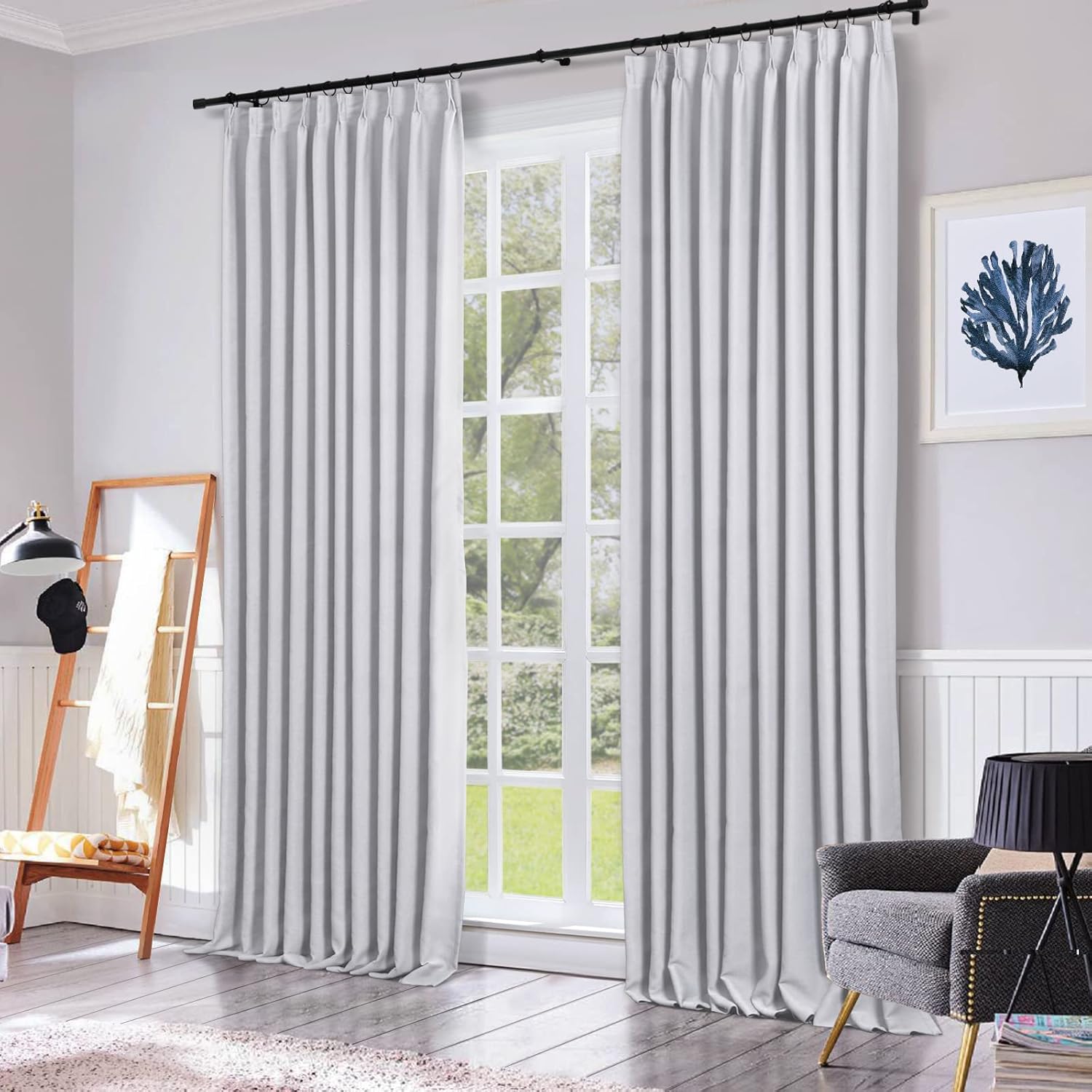 ChadMade Pinch Pleat Blackout Curtain Heavyweight 96 Inches Long Drape 200Wx96L Extra Wide and Long Curtain Panel Traverse Curtain, Greyish White (1 Panel) Memory Trained