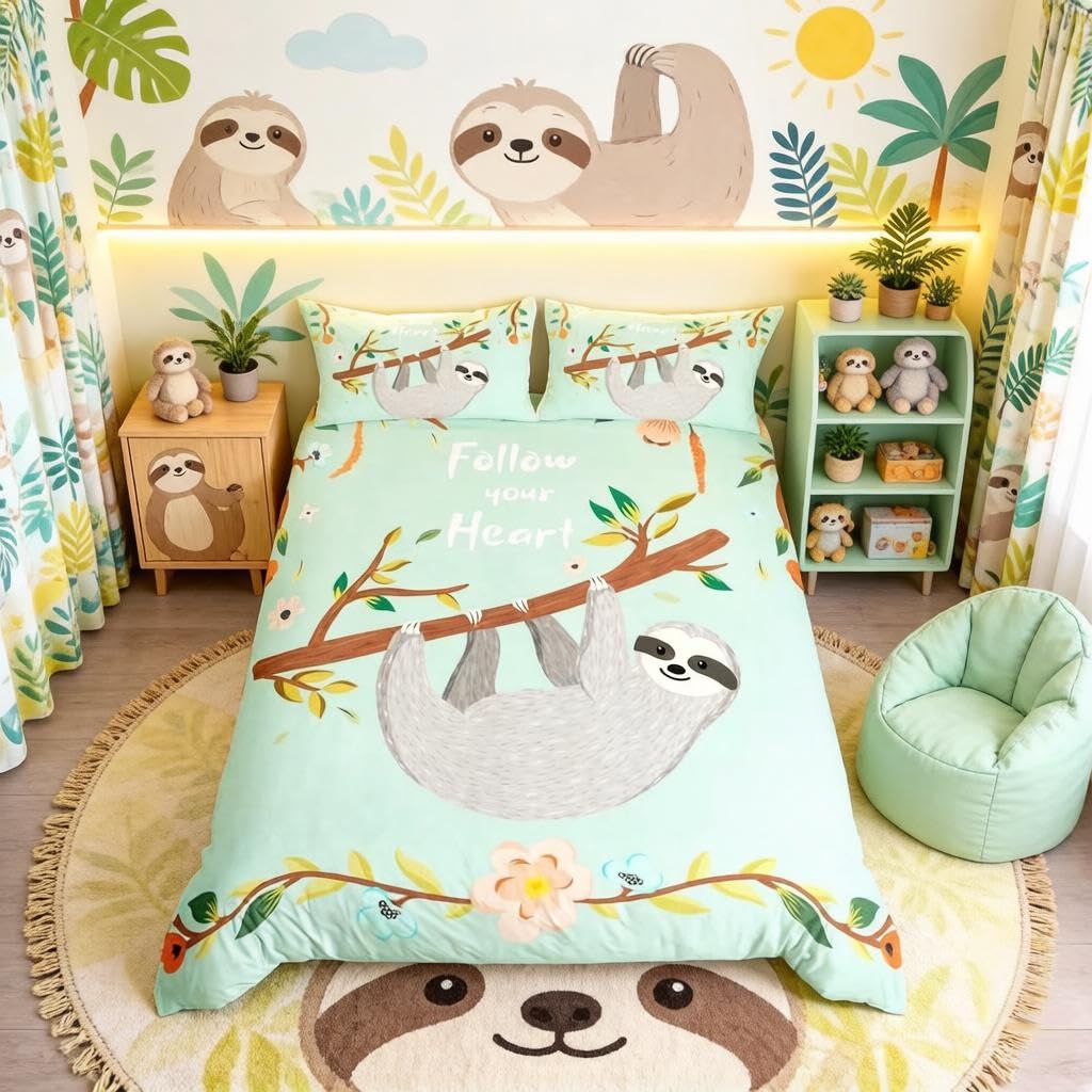Loussiesd Cute Sloth Print Bedding King Kids Bedding Set for Girls Boys Women Sloth Animal Duvet Cover Set Tropical Plants Petals Branches Pattern Beds Set of 2 Pillowcase — image 1