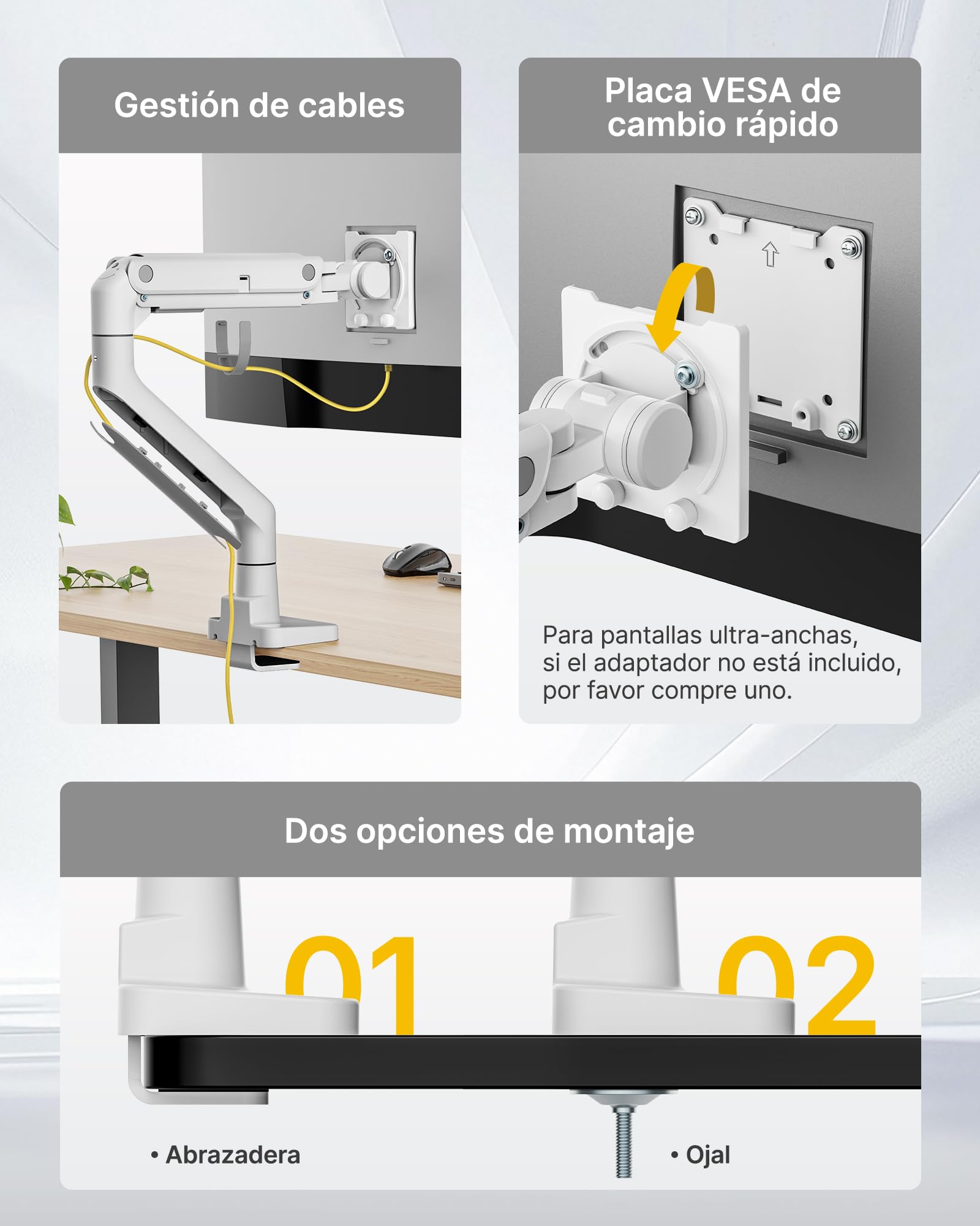 monTEK Soporte Monitor Reforzado para 17-57", hasta 27 kg | Brazo con resorte de gas, altura ajustable y movimiento completo para monitores ultrapanorámicos, VESA 75x75/100x100, blanco.