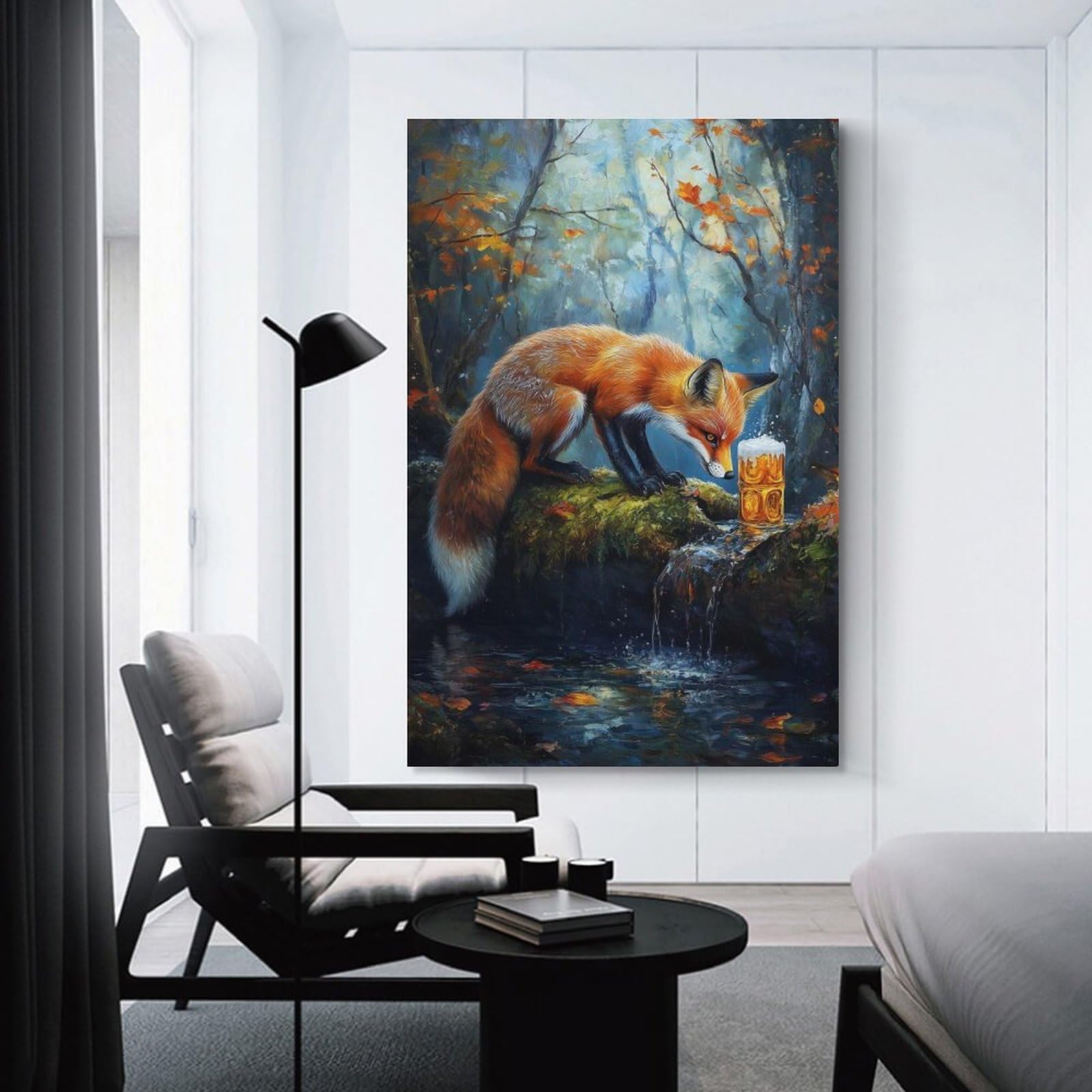 Junmoney Fox And Beer in The Woods Canvas Wall Decor 24x36inch(60x90cm), for Workspace Walls, Study Corners Or Bedrooms, Decorative Artwork for Productive Spaces