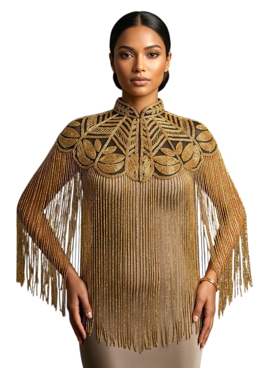 Golden Stylish Net Hand Beaded Poncho For Women Fancy Beads And Stone Net Poncho-image-35