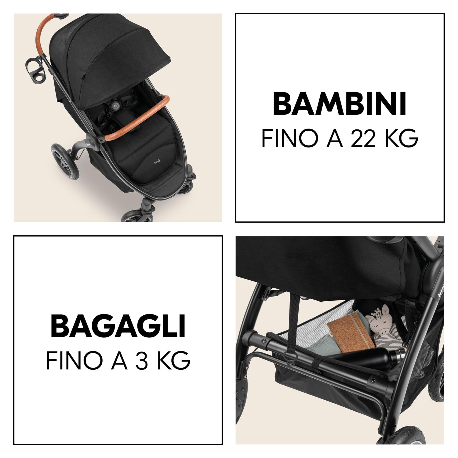 hauck Uptown, Nero - Passeggino Reclinabile dalla Nascita con Ampia Seduta fino a 22 kg, Portabicchieri, Grandi Ruote di Gomma Ammortizzate, Protezione UPF 50+, Manubrio Regolabile, Pieghevole