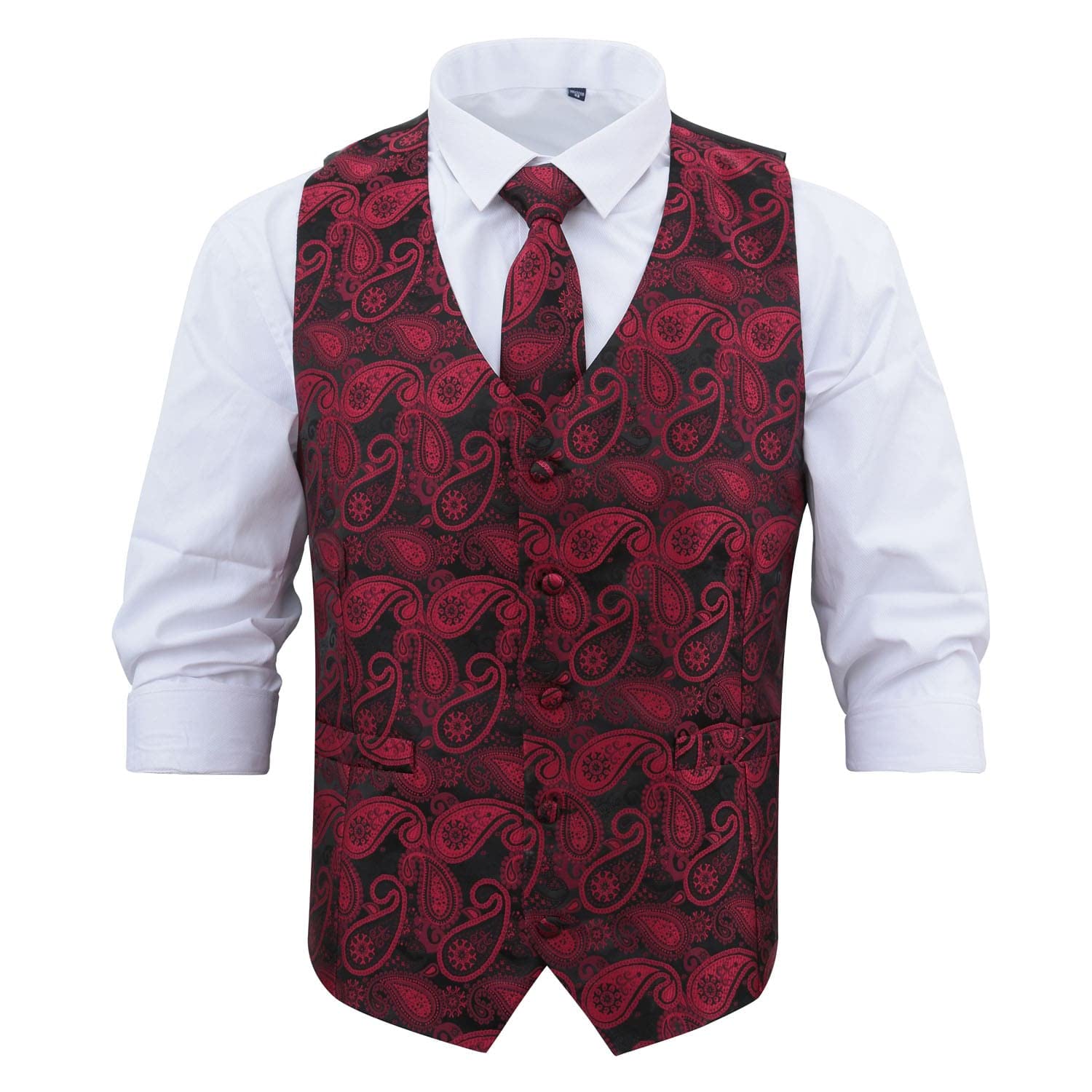 Dqt Men's Black & Red Paisley Bohemian Waistcoat & Tie Set (2Pc) - Wedding, Business & Formal - M 38"
