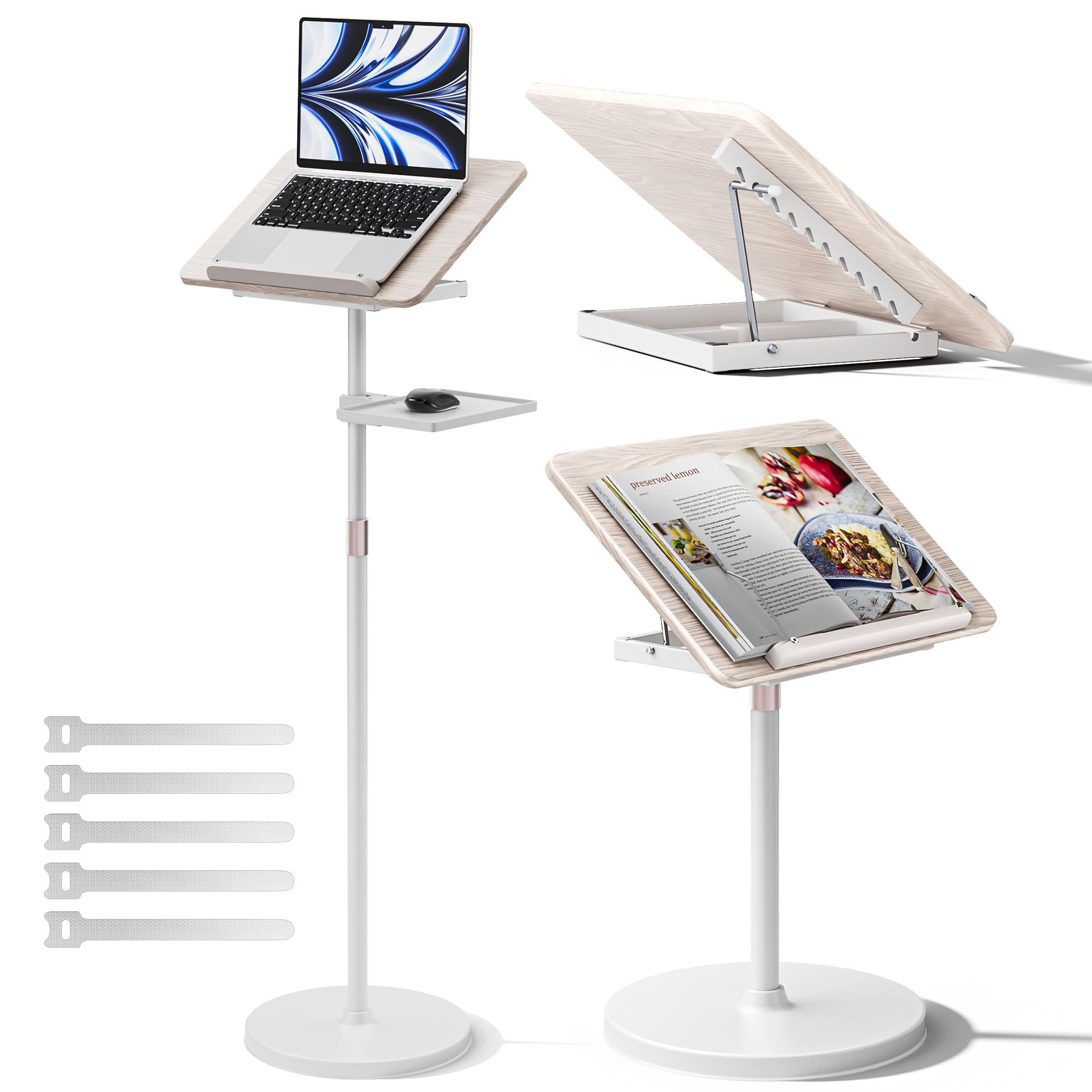 2 in 1 Adjustable Book Stand - Dual-Use Floor and Desktop Book Holder Stand, Height Adjustable 23.5-52 in, Elastic Page Clips for Music Sheet, Recipe, Tablet, Laptop-White
