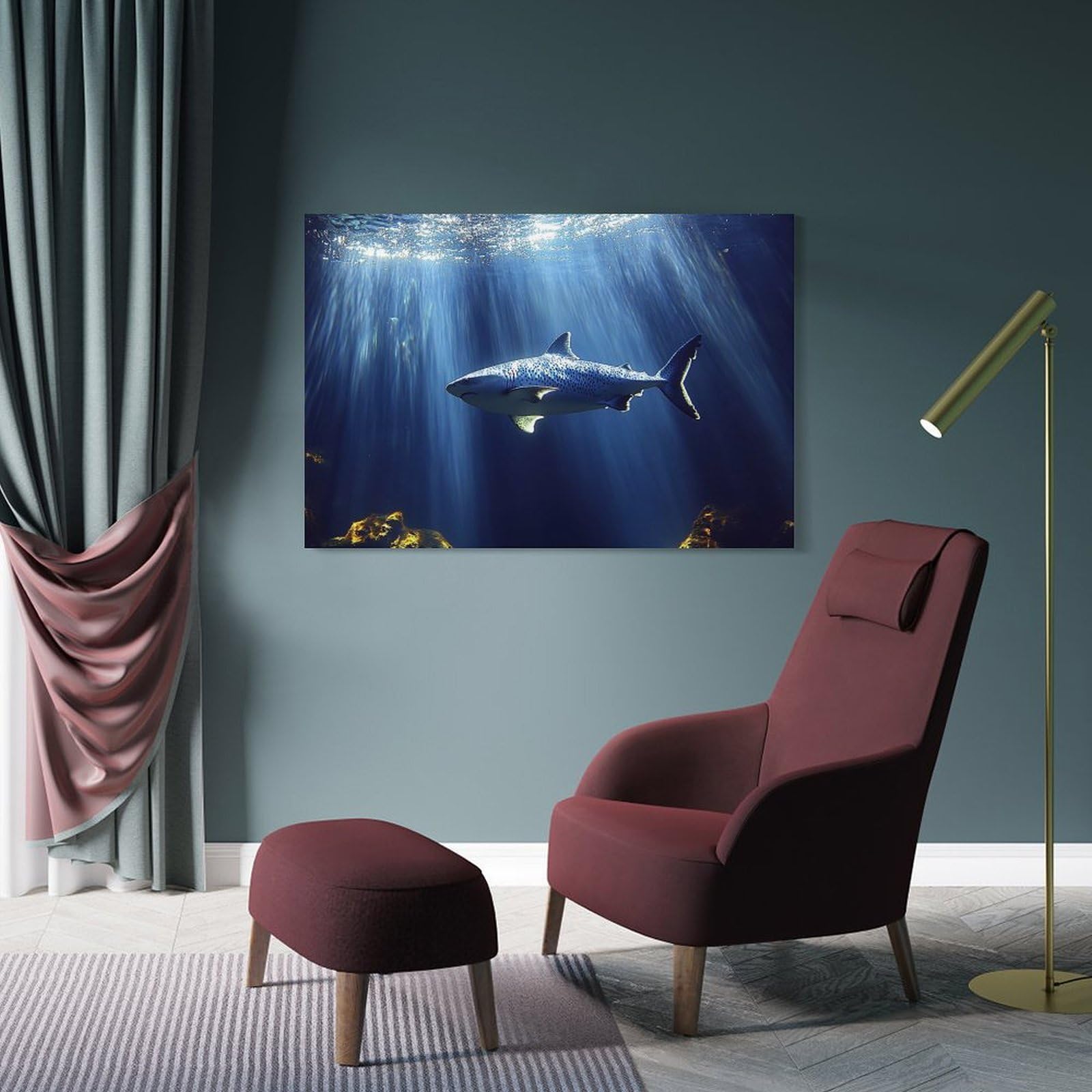 Junmoney Frame-Style-1 Spotted Shark Underwater Wall Art Print 24X36inch(60X90cm), For Hallway, Entryway Or Landing, A Neat Decor Update For Hallways, For Everyday Interiors