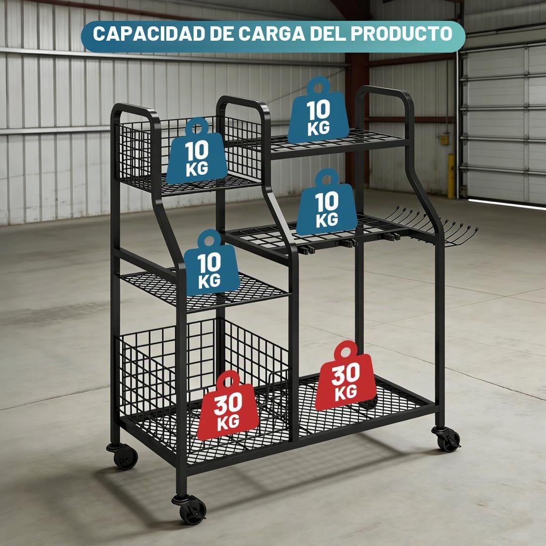 Carro Herramientas Jardín con Ruedas,3 Niveles Organizador Garaje | metal resistente, 4 ruedas con 2 frenos, ganchos para herramientas largas, 91x41x93 cm, para jardín taller sótano