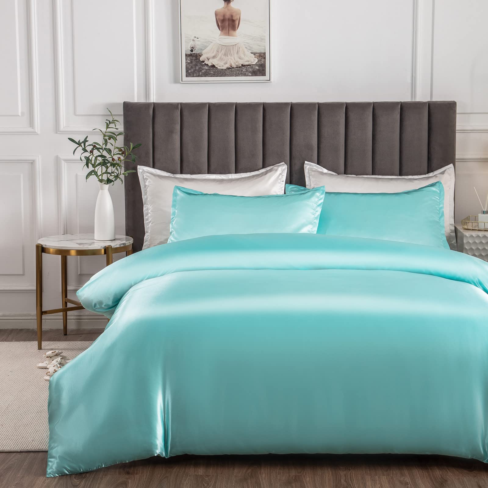 Morbuy Blue Satin Duvet Cover Set King - Silky Bedding Set For Hair And Skin Care, Luxury Silk Feel Aesthetic Green Bedding With 2 Pillowcases, Durable 105Gsm High-Density Fabric, 220X230cm