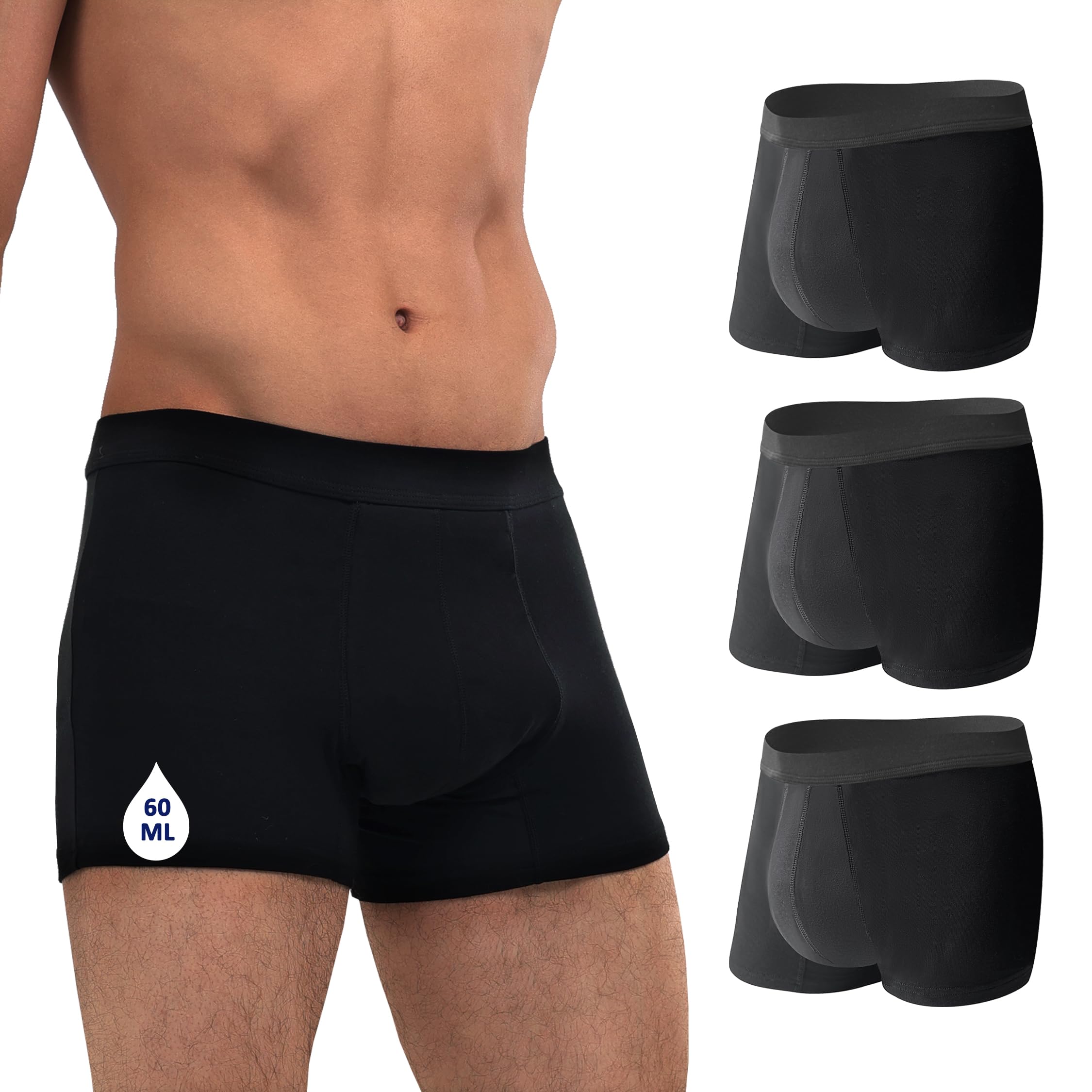Waschbare Absorptionsfähigkeit Harninkontinenz-Unterwäsche für Herren, wiederverwendbar, auslaufsicher, Boxershorts für Blasen-Auslaufschutz, 3er-Pack (Medium, Schwarz)