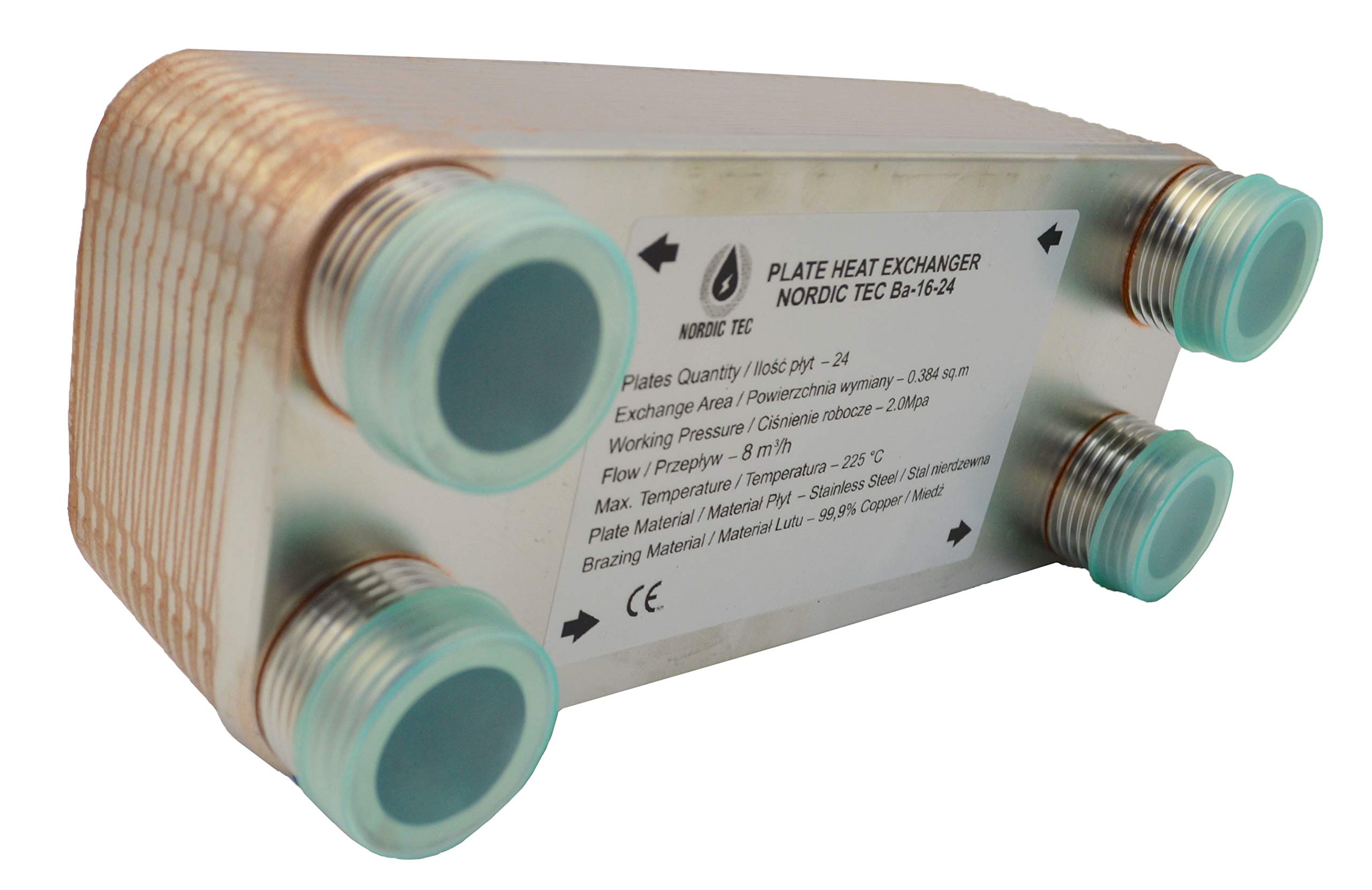 Intercambiador de calor de placas de acero inoxidable Nordic Tec Ba-16-24, 24 placas, 100 kW, 1"