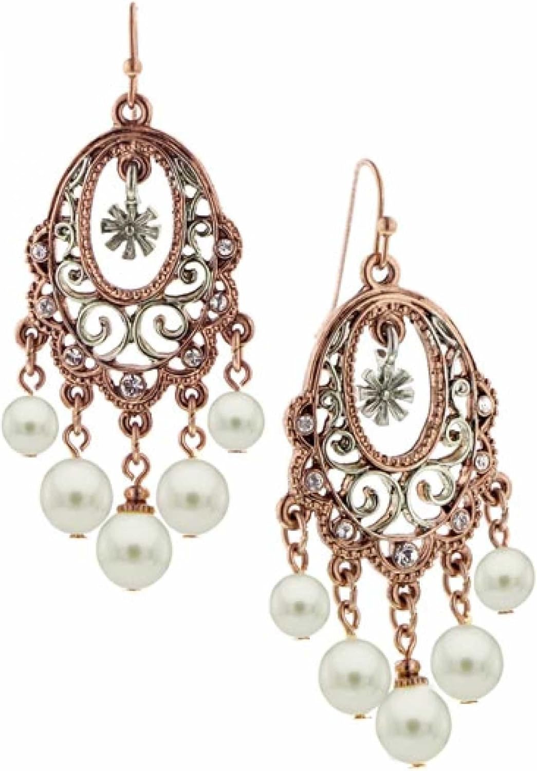 1928 Jewelry Women's Oval Filigree Crystal & Faux Pearl Chandelier Earrings