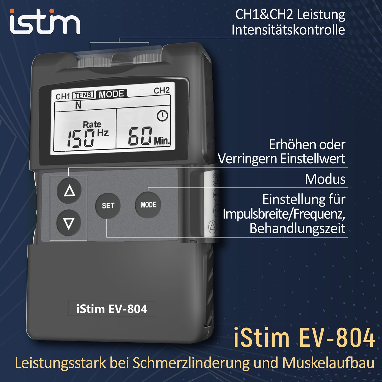 iStim EV-804 TENS/EMS Reizstromgerät – 2-Kanal Muskelstimulator zur Schmerztherapie – 9V-Batterie (nicht aufladbar), 24 Programme, 7 Modi, inkl. 8 Elektrodenpads für Rücken, Nacken, Knie