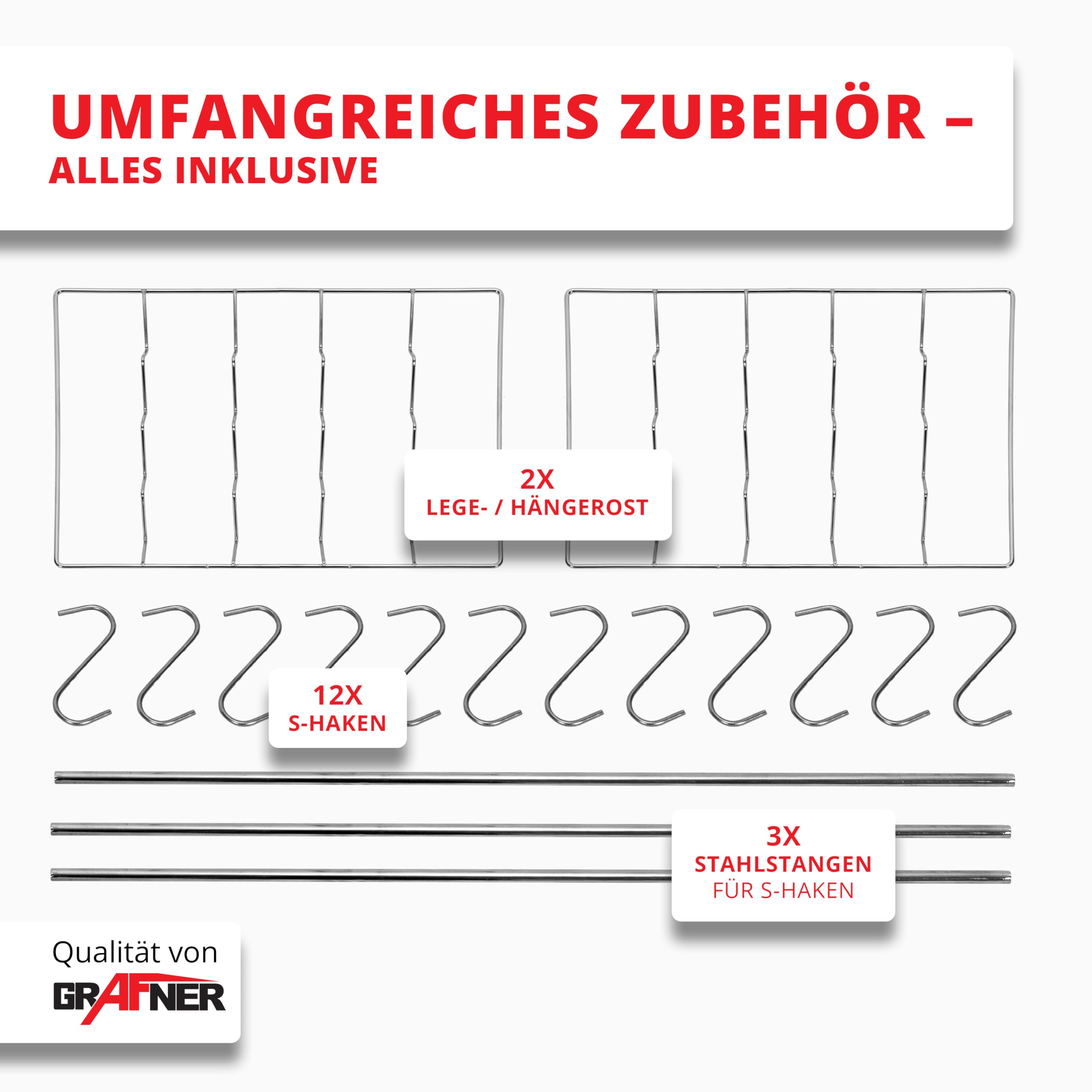 Grafner XL Räucherofen mit 3 Etagen, Sichtfenster und Thermometer, legierter Stahl, 12x Haken, Räucherschrank zum Heißräuchern und Kalträuchern, Smoker für Fisch Fleisch Käse Gemüse