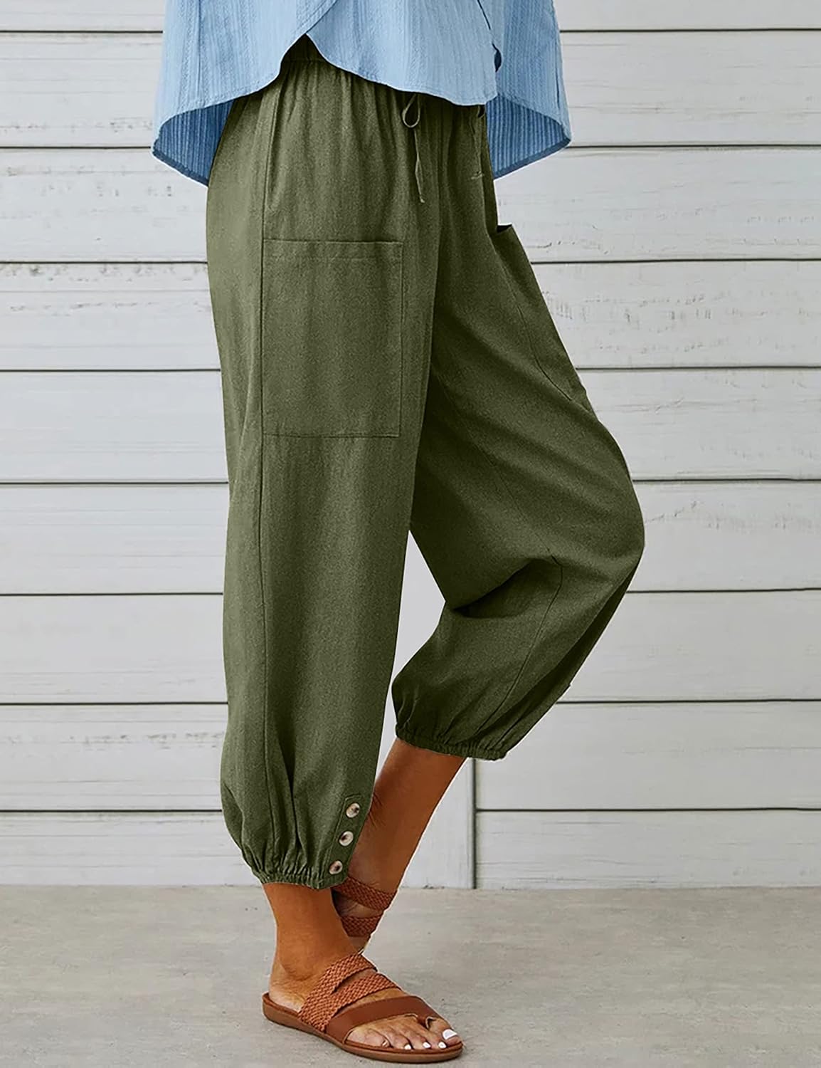 HangNiFang Cotton Linen Capri Pants for Women High Elastic Waisted Drawstring Cropped Pants with Pockets - Image 2