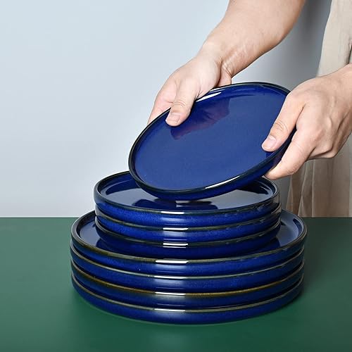 Miniatura 6 de Bosmarlin Platos llanos de cerámica, 10.5 pulgadas, juego de 4 para ensalada, pasta, postre, microondas y lavavajillas (azul oscuro, 10.5 pulgadas)