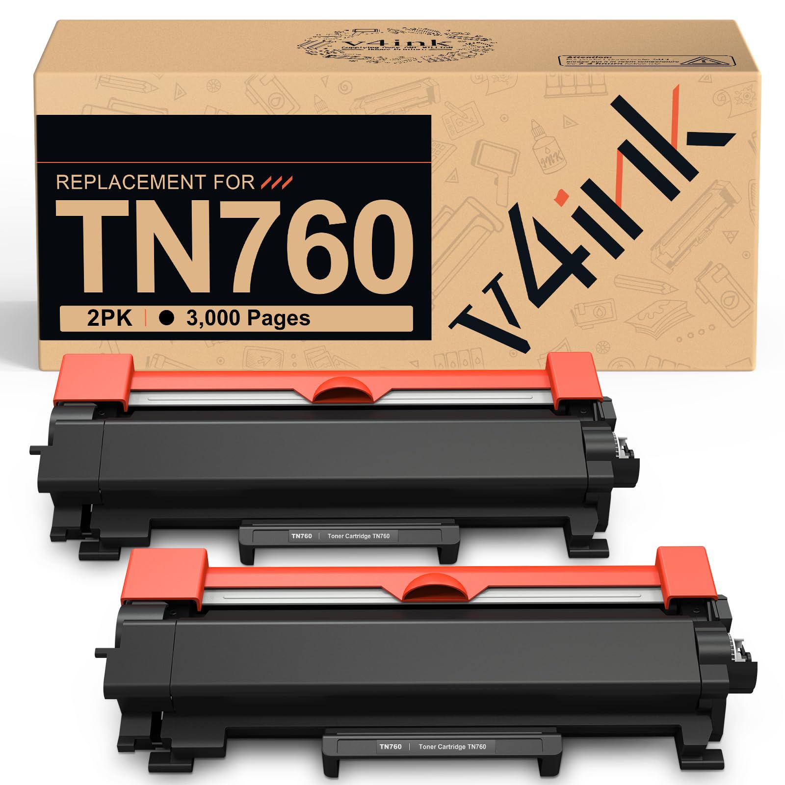 Photo 1 of v4ink TN760 Toner Cartridge Replacement for Brother TN760 TN-760 TN730 TN770, High Yield 2-Pack, Compatible with Brother Printer HL-L2350DW L2370DW L2390DW MFC-L2690DW L2710DW L2750DW, 6000 Pages