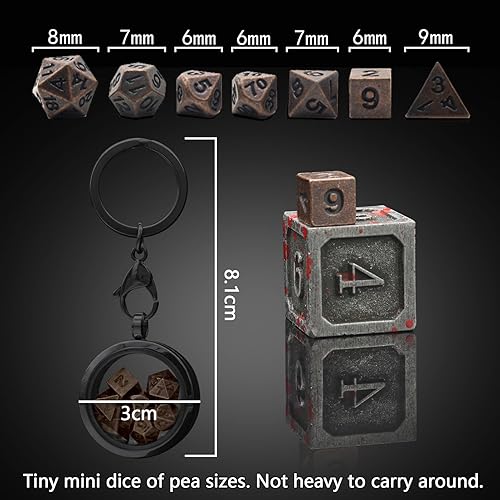 Miniatura 28 de PJOY Juego de dados pequeños DND con estuche de collar D20 hueco de bronce, llavero portátil de 7 piezas, llavero de bronce antiguo, juego de dados