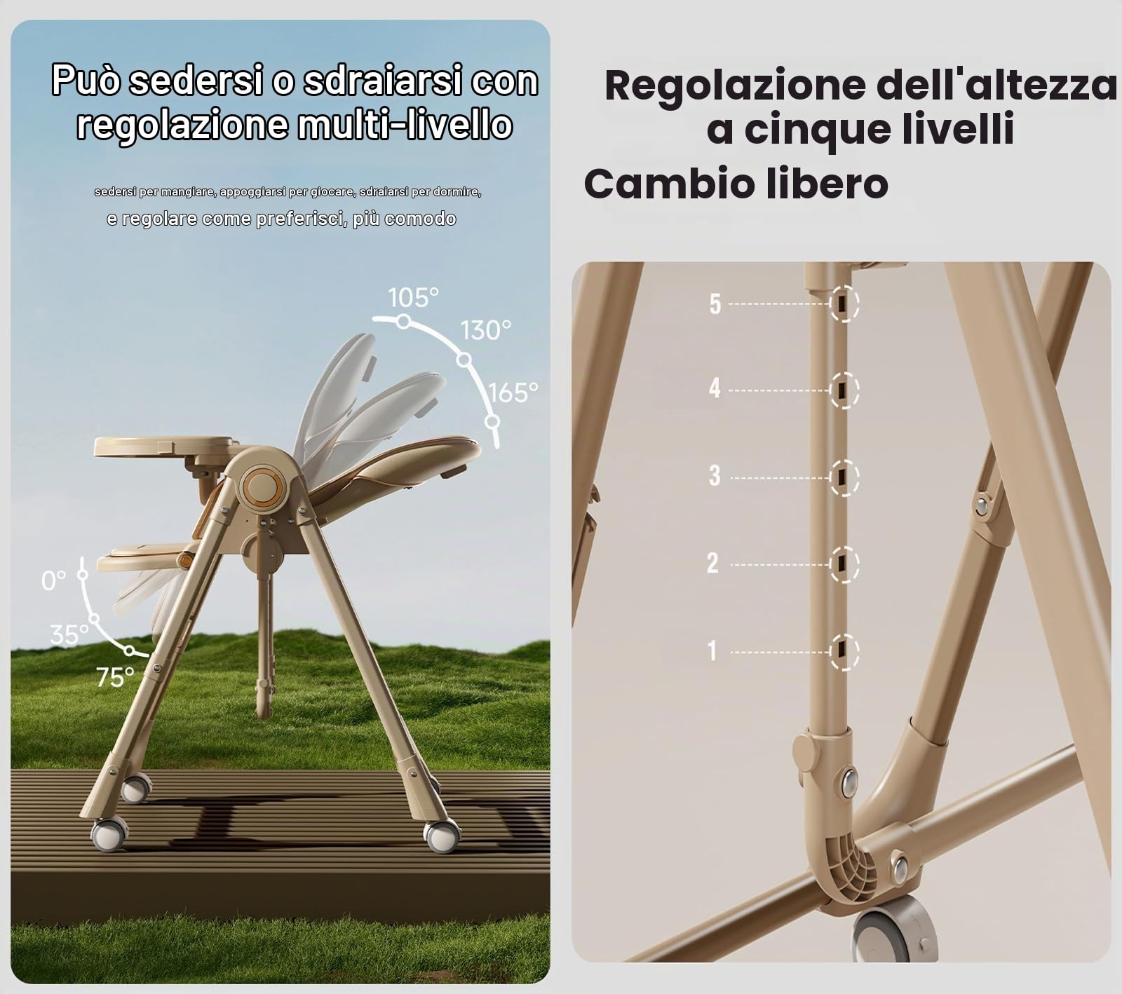 Magic ZC Pelle PU Seggiolone per Bambini Sedia da Pranzo per Multifunzionale Pappa Regolabili Convertibile Pieghevole con Doppi Vassoi Staccabili e Ruote (X8121 Khaki)
