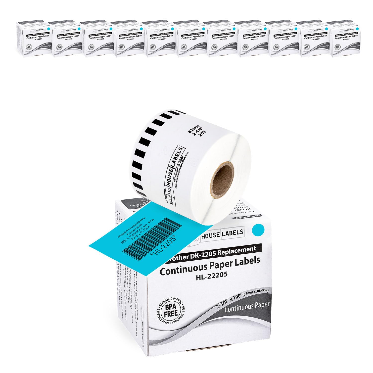 HOUSELABELS Compatible with DK-2205 Replacement Roll for Brother QL Label Printers; Blue Continuous Length Labels; 2-4/9" x 100 feet (62mm*30.48m) -
