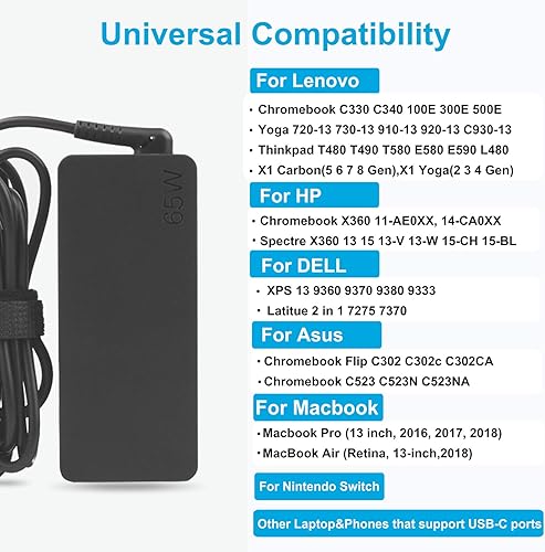 Miniatura 3 de Cargador USB C de 65 W, adaptador de CA para laptop Chromebook C330 C340 100e 300e 500e N23, Yoga 720-13 730-13 C740-14 C740-15 910-13 920-13