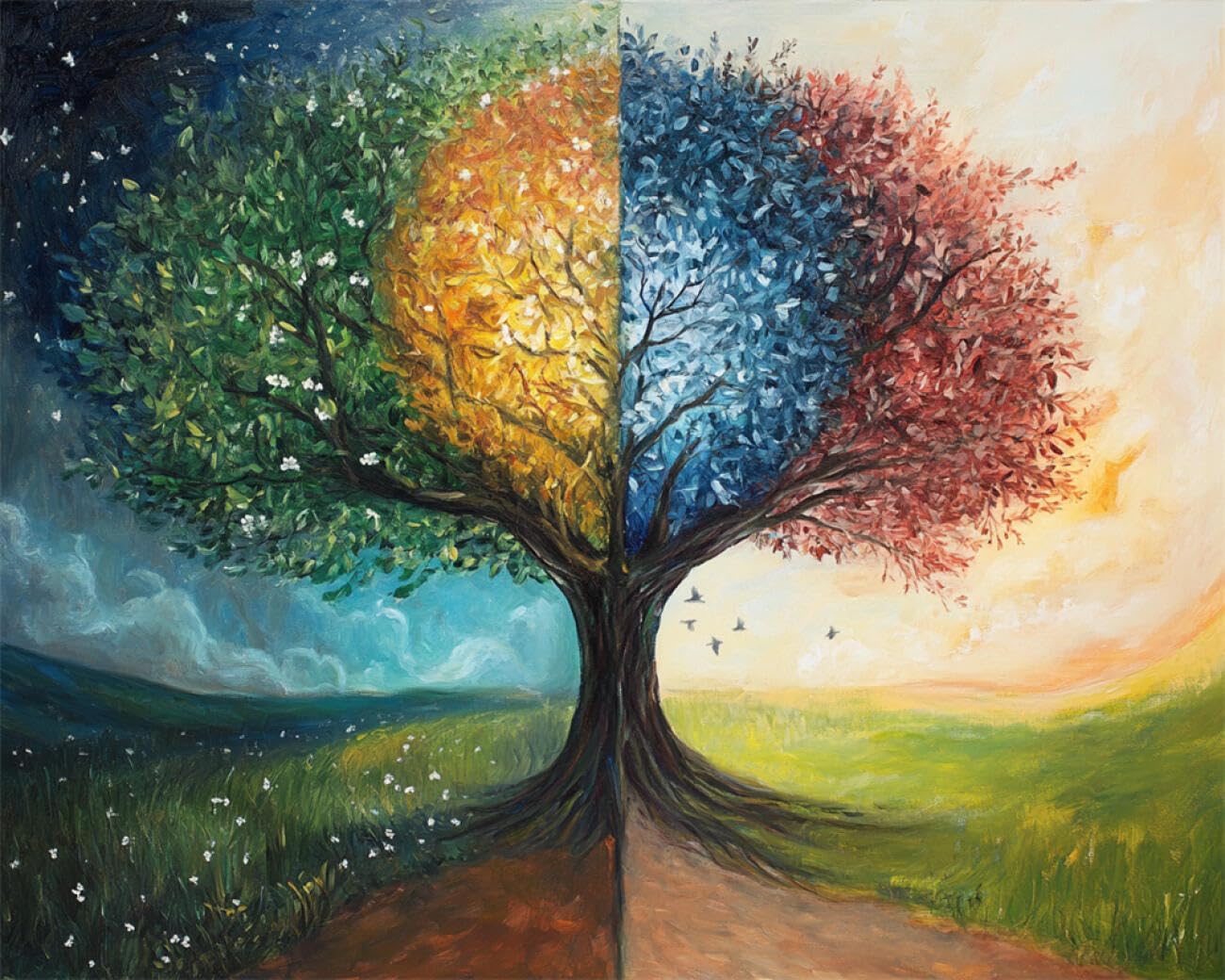 RKFLGEW DIY Embroidery Beads Set Four Seasons Tree Oil Painting 30x40cm