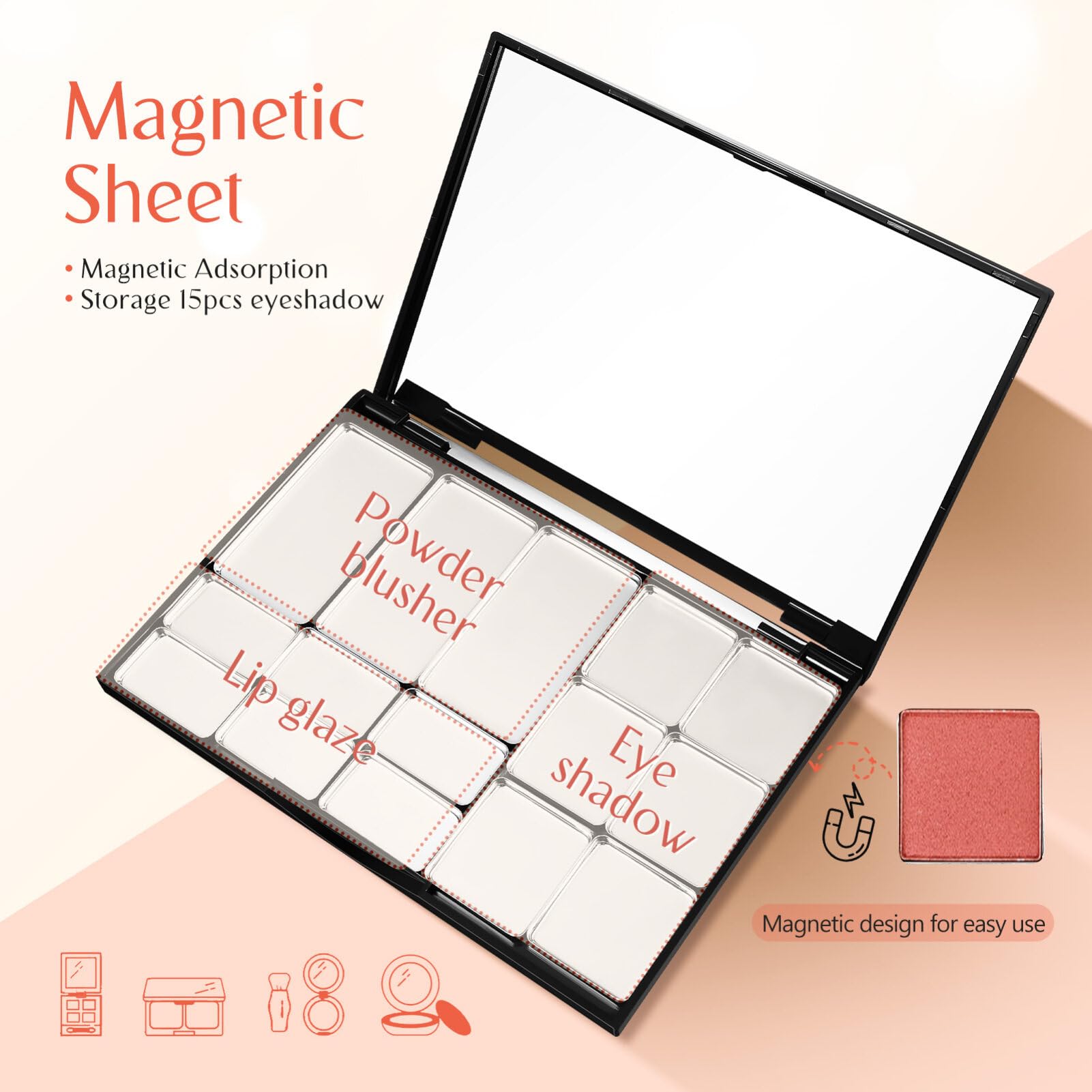 FRCOLOR Empty Magnetic Eyeshadow Makeup Palette with Cosmetic Mirror 15 Grids Metal Pans Makeup Palette for Eyeshadow Lipstick Blush Powder - Image 3
