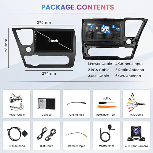 Miniatura 7 de 2 + 64 GB Hikity para Honda Civic 2013 2014 2015 2016 2017 Android Car Stereo Wireless Carplay Android Auto, pantalla táctil de 9 pulgadas, radio de