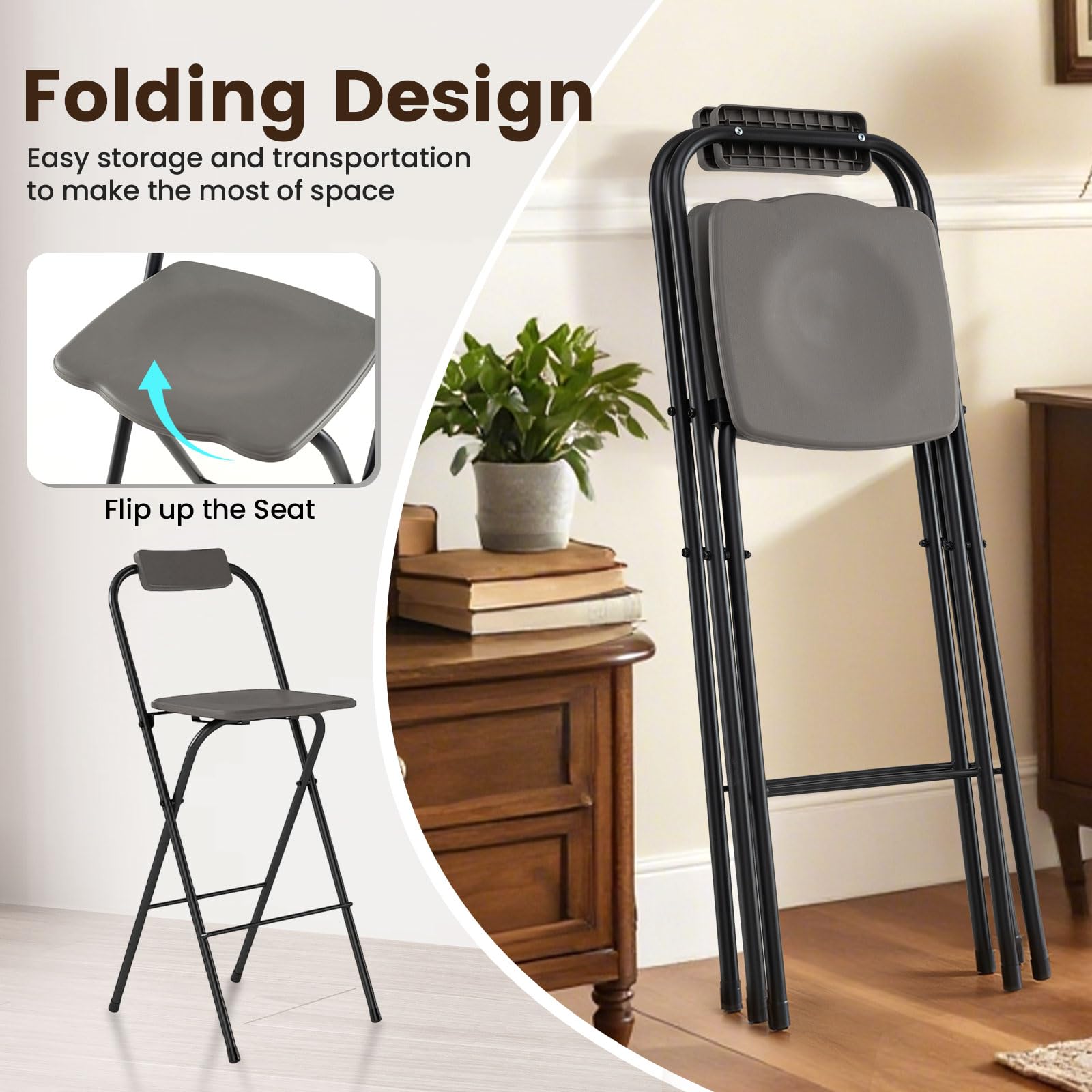 GIANTEX Juego de 2 Taburetes de Bar Plegables, Sillas Portátiles con Respaldo Inclinable, Asiento Curvado y Reposapiés, Carga hasta 150 kg, Taburetes Altos para Balcón, Comedor, Jardín (Gris)