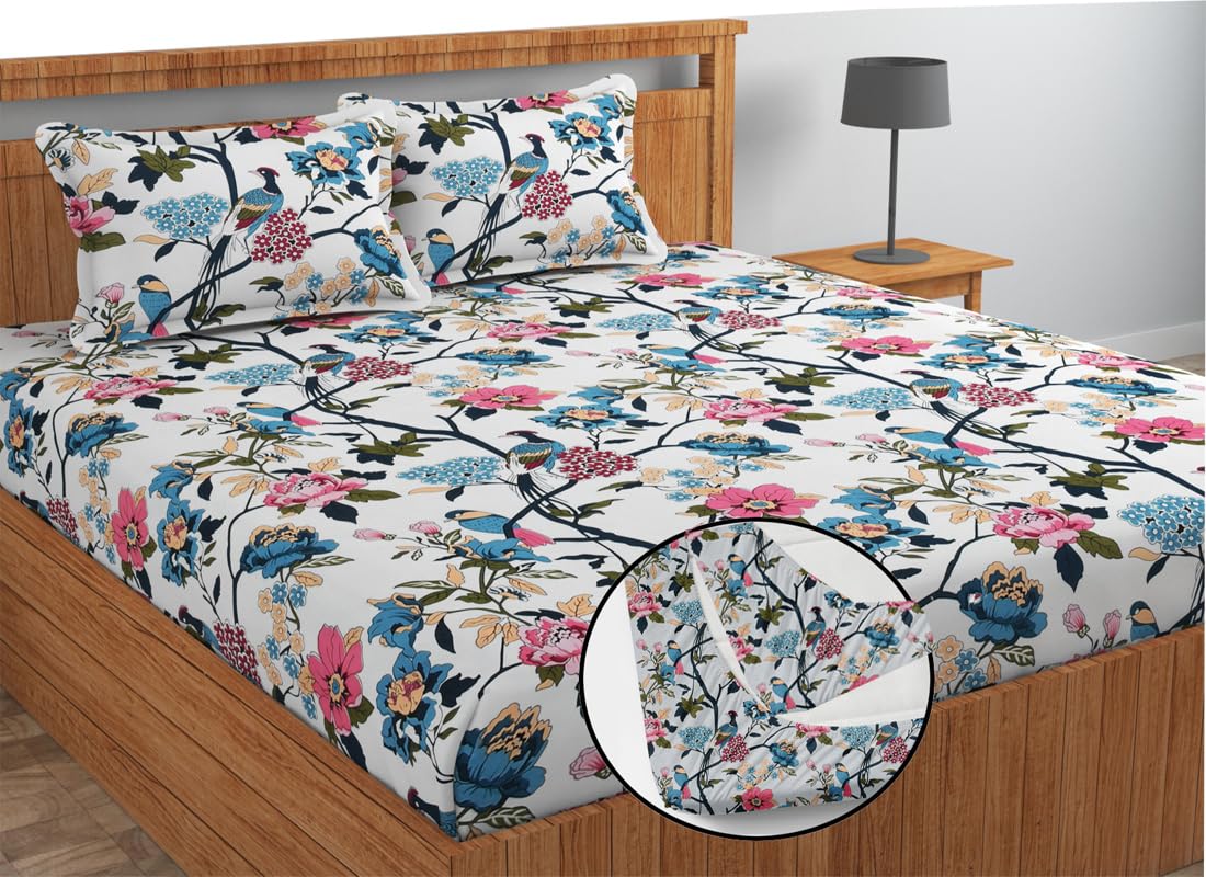 Jai BUN Cotton Feel Glace Cotton All Around Elastic Fitted Printed King Size Double Bed Bedsheet with Two Pillow Covers 285 TC, Size- 78" x 72", Mor Wla-picture-28