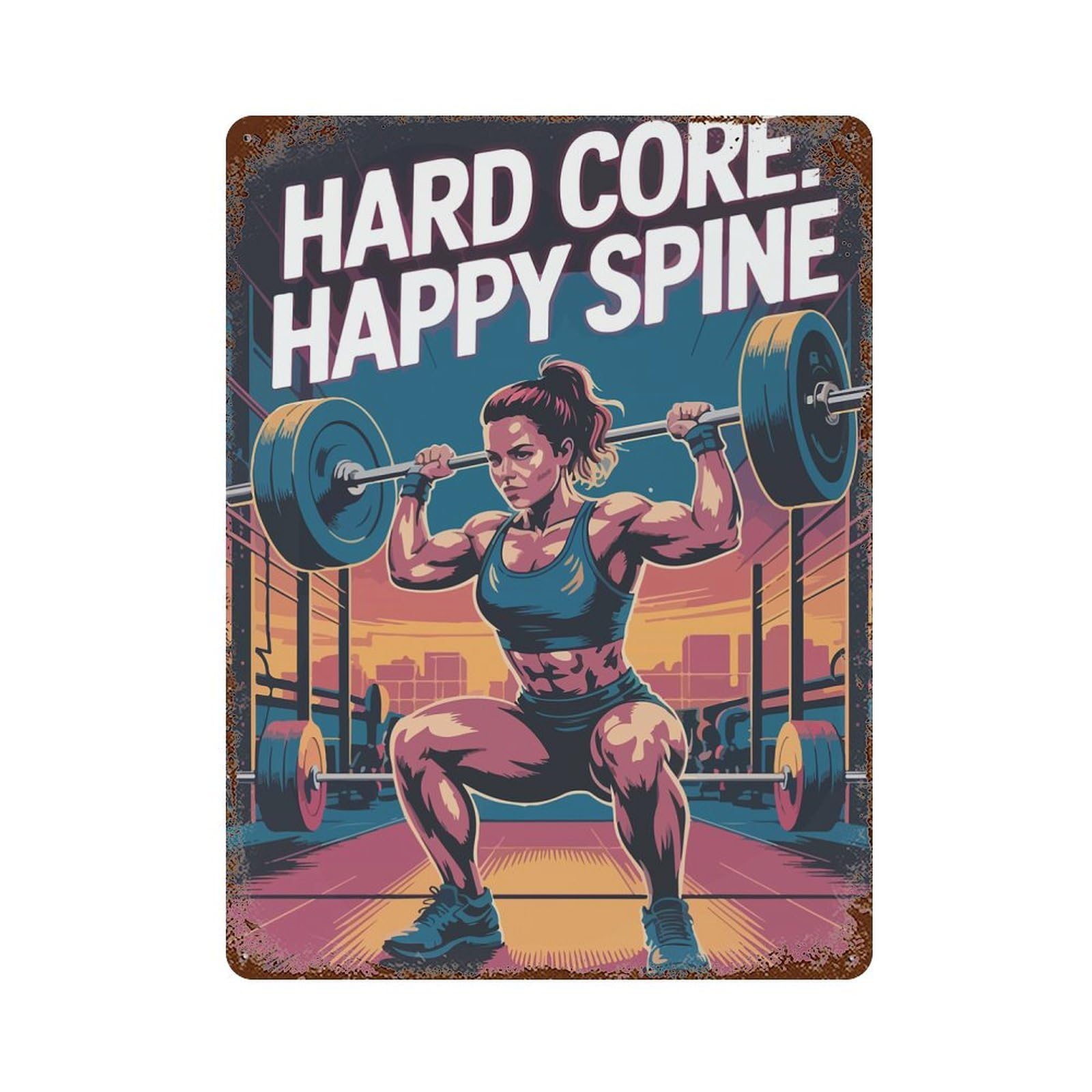 Hard Core Happy Spine Gym Poster Distressed Metal Wall Sign 15.7"x11.8", Ideal for Patio, Garden Room And Bar Decor