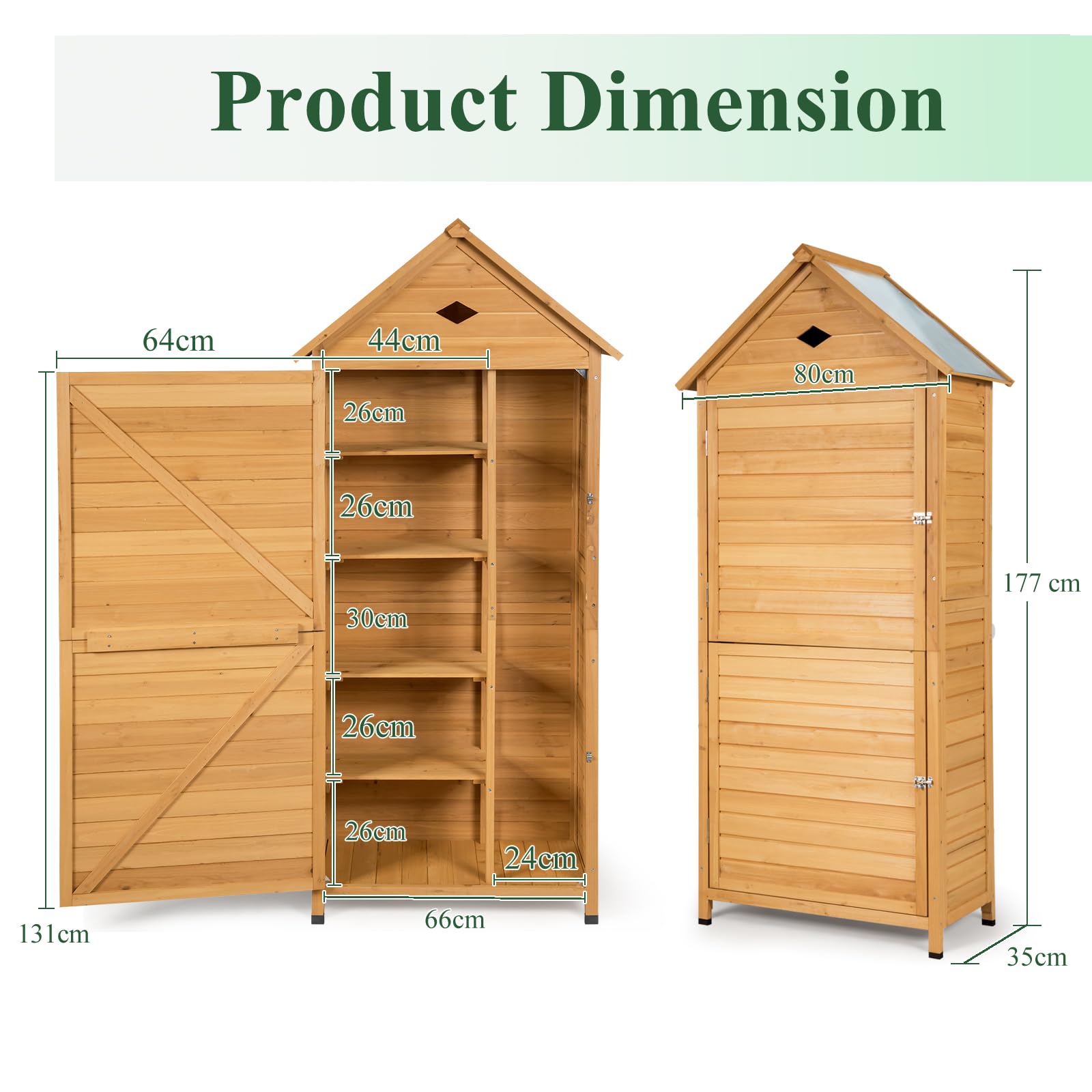 KOMFOTTEU Cobertizo de Madera para Jardín, Caseta para Almacenaje de Herramientas, Armario Jardín Exterior con Techo Inclinado Galvanizado, Resistente a la Intemperie, 80 x 35 x 177 cm