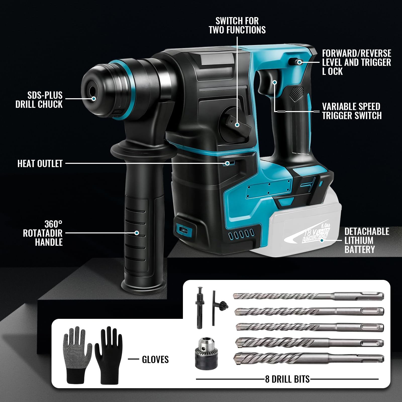 LIROPAU Martillo Perforador a Batería Compatible con Batería Makita 18V con 8 Brocas y Guantes, 2,2 J, 1400 U/min, 4200 bpm, SDS Plus Mandril para Uso Doméstico y Profesional (sin batería)