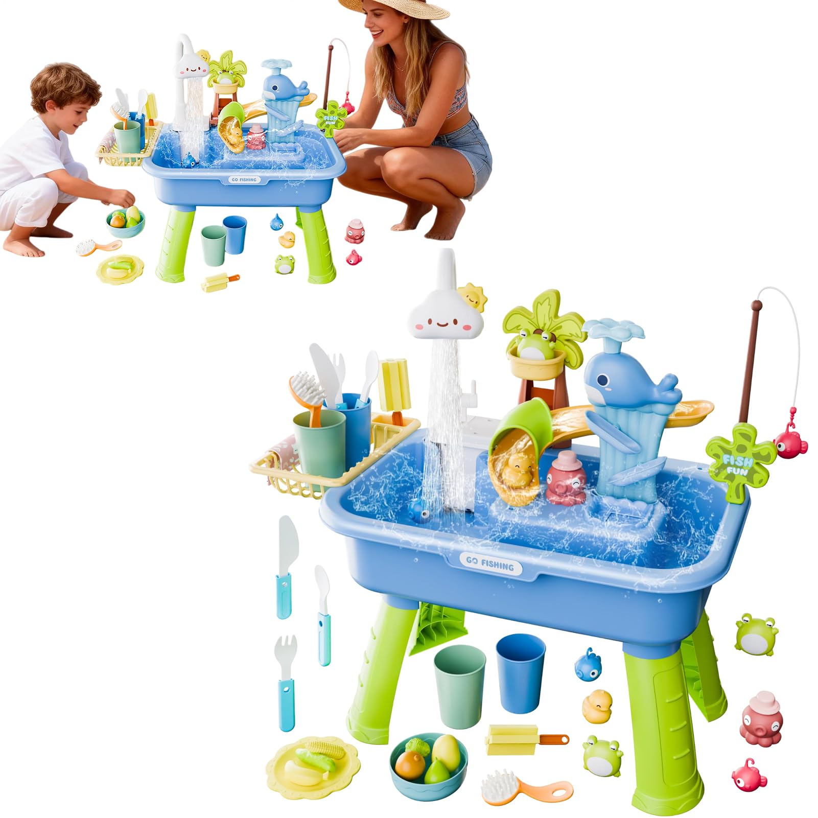 Mesa De Agua para Niños, Fregadero De Juego 4 En 1 con Bomba Y Agua Corriente, Juguetes Sensoriales De Verano para La Piscina Exterior, Set Educativo De Juegos Acuáticos para El Jardín