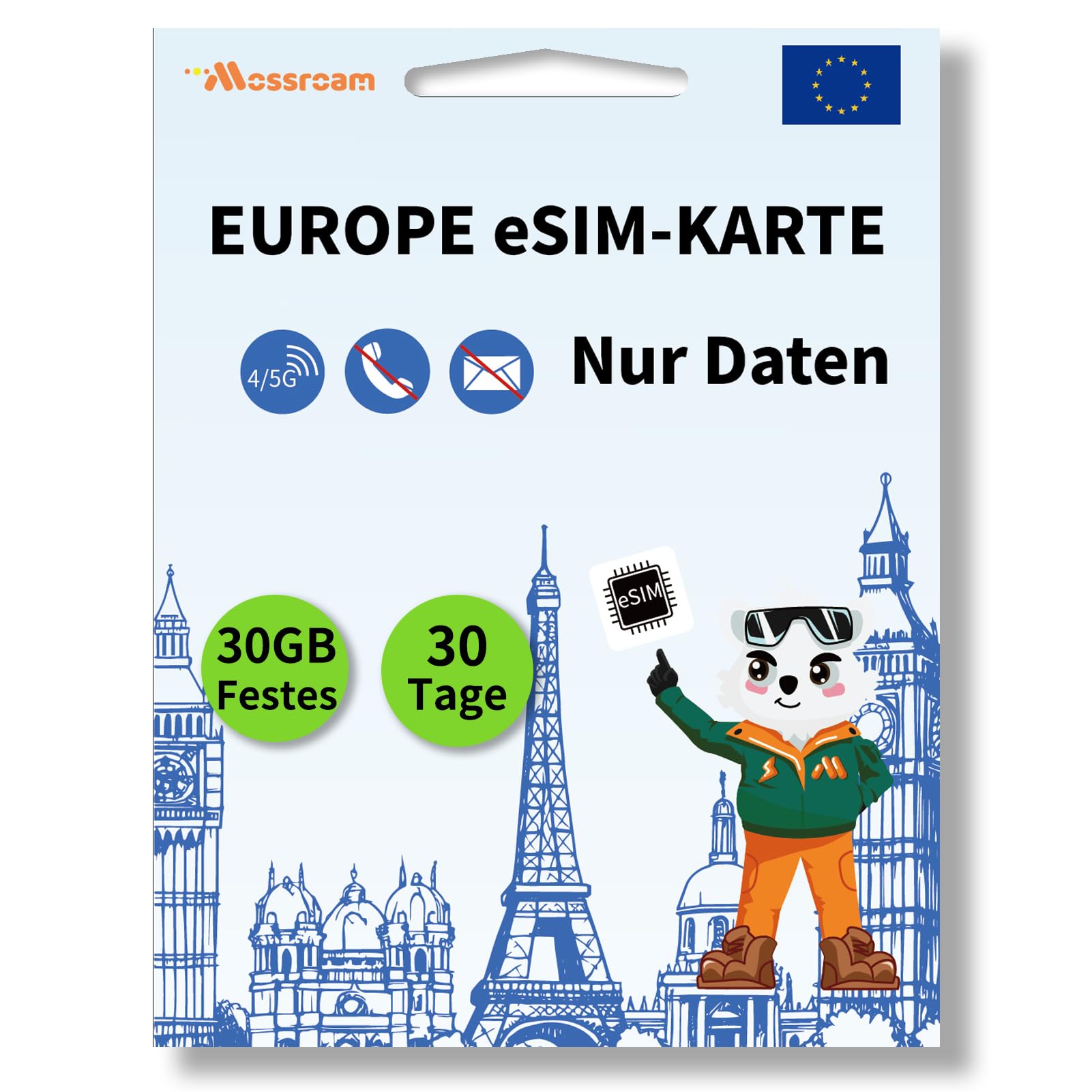 eSIM für Reisen in Europa, 30 GB Daten insgesamt, 30 Tage mit 4G/5G-Geschwindigkeiten, Nur-Daten-eSIM, Verwenden Sie die Europa-eSIM in Großbritannien und über 30 Ländern in der EU
