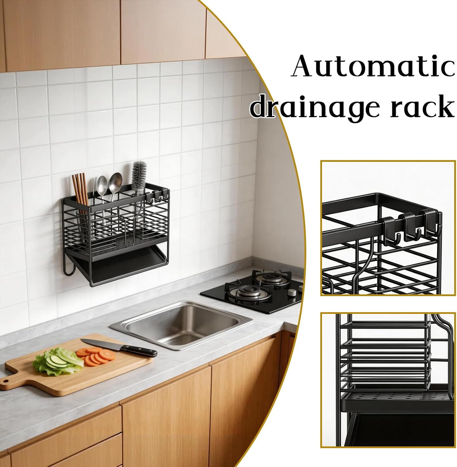 Upgraded Stainless Steel Utensil Drying Holder and Rack,3-Compartment Cutlery Drainer Countertop Silverware Organizer with Auto Drip Tray & Hooks (Black)