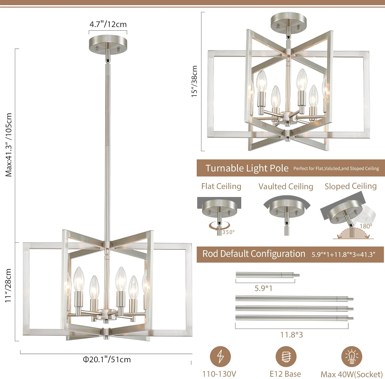 Brushed Nickel Chandelier 6-Light, Dining Room Light Fixture Geometric Metal Modern Chandelier Lighting for Kitchen Island Living Room Entryway, 20 Inch Pendant Lighting Hanging Ceiling Lamp