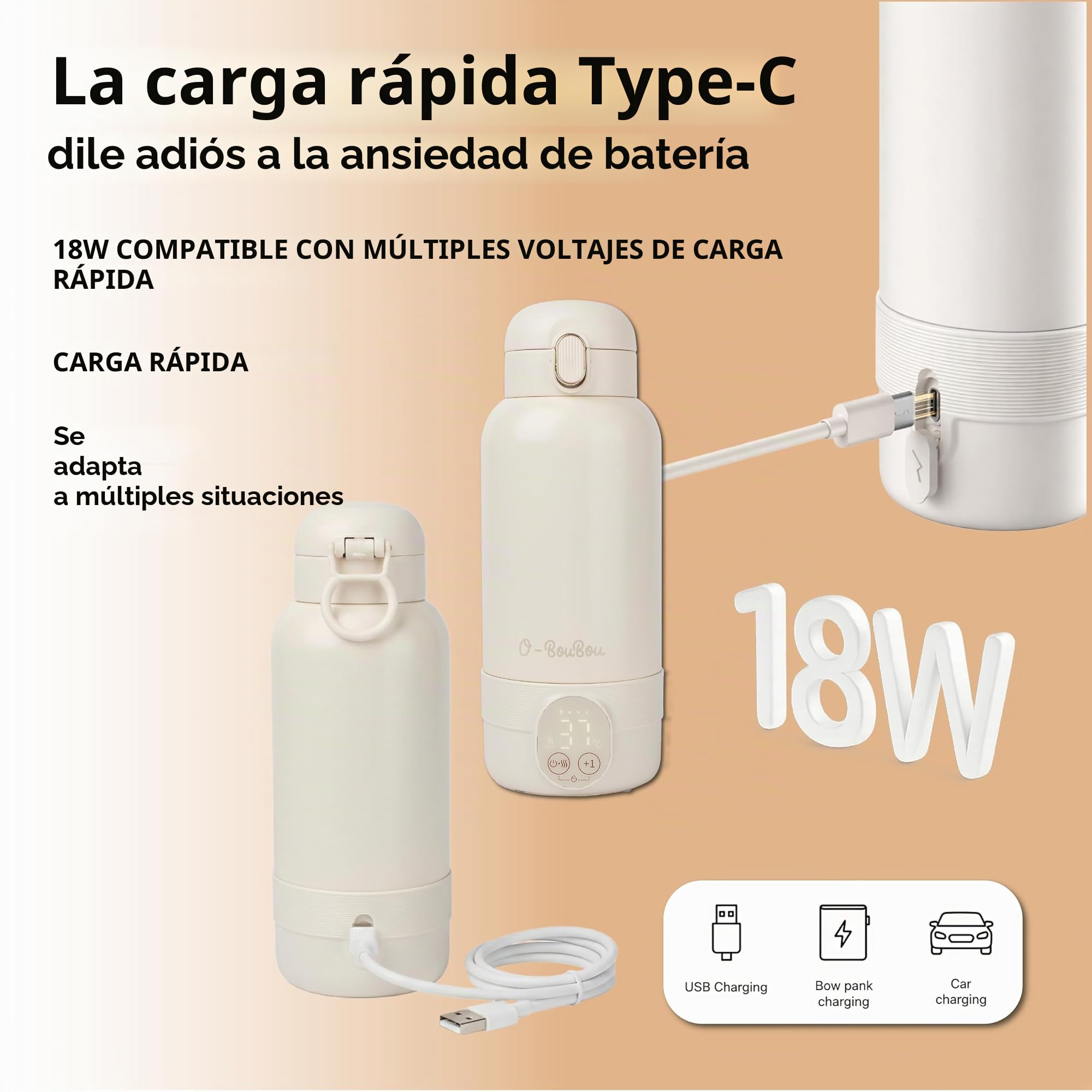 Calienta Biberones Portatil inalámbrico - Capacidad 500ml - Para Leche Materna y Agua - Acero Inoxidable - Ideal Para la Noche, Salidas y Viajes - Se Calienta en 3 Minutos - Batería de Larga Duración