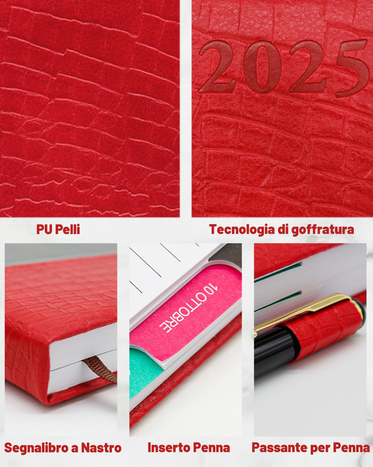 HW CASA Pelle PU Patchwork Bicolore Agenda 2025 Giornaliera,Una Sola Pagina per Un Solo Giorno,Formato A5,200 Pagine,Con Etichette Mensili Colorate e Piani Mensili,Con Passante per Penna (Rosso)