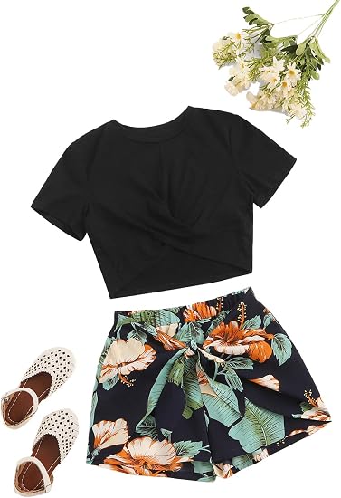 Romwe Conjunto de 2 piezas de camiseta corta de verano con cinturón floral  : Amazon.com.mx: Ropa, Zapatos y Accesorios